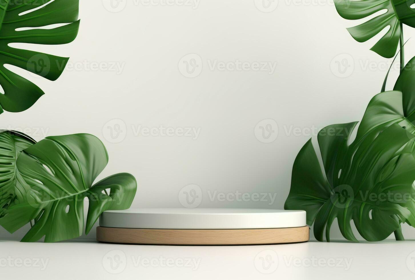 3d podium hout Scherm wit achtergrond met groen monstera palm blad ai gegenereerd. foto