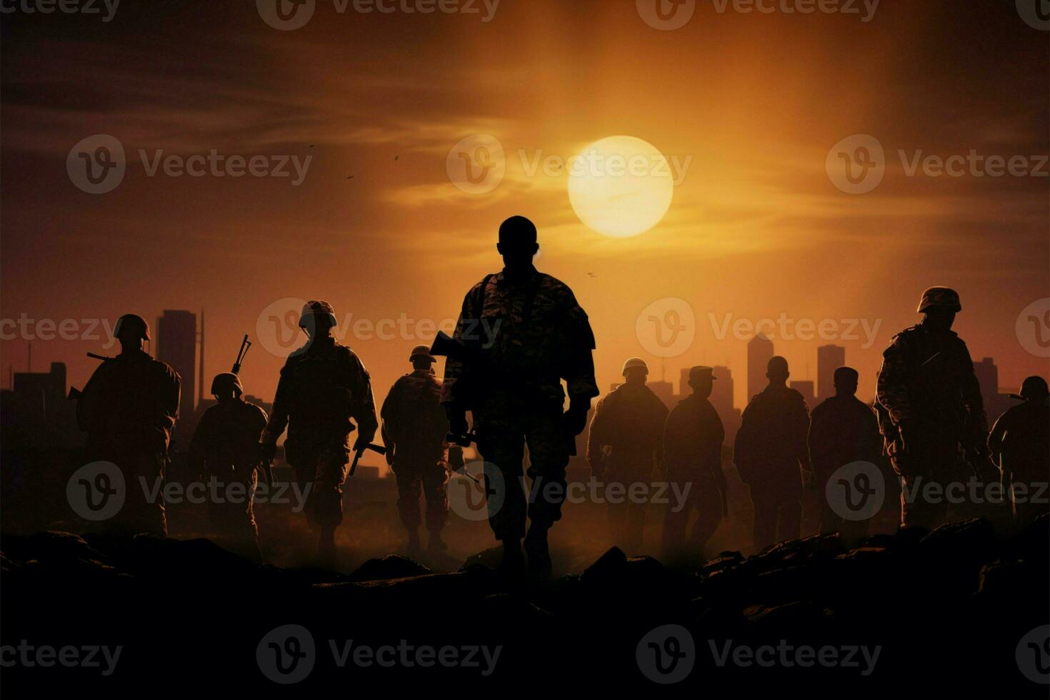 silhouetten van soldaten Holding vlaggen, eerbiedigen veteranen dag en offer ai gegenereerd foto