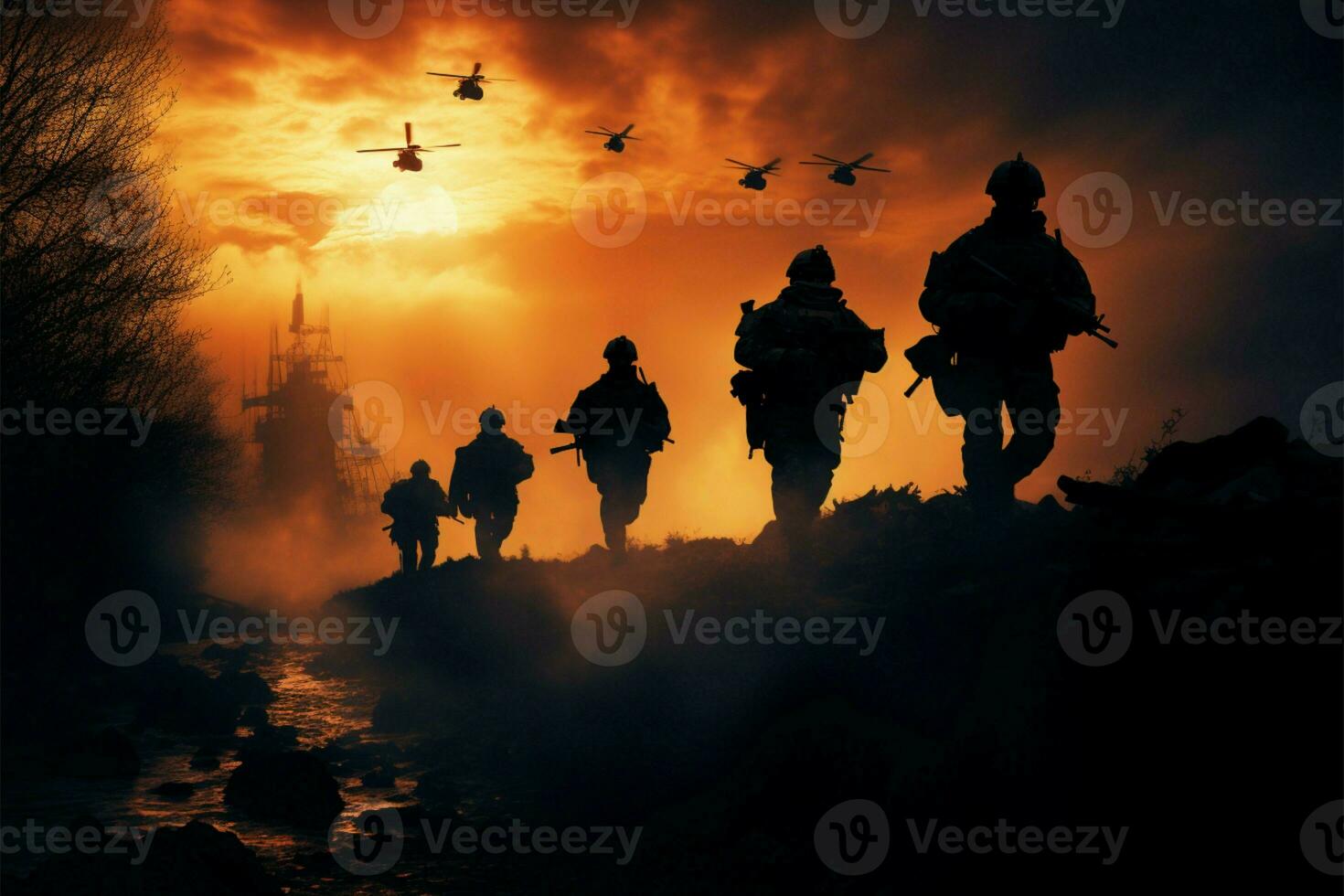 speciaal krachten strijders silhouet belichaamt de intensiteit en geheimhouding van oorlog ai gegenereerd foto