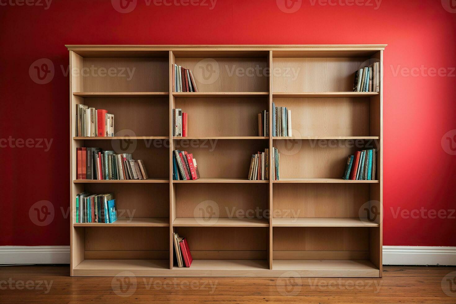 houten boekenkast met boeken Aan schappen in de buurt een rood muur Aan een houten vloer. gegenereerd door kunstmatig intelligentie- foto