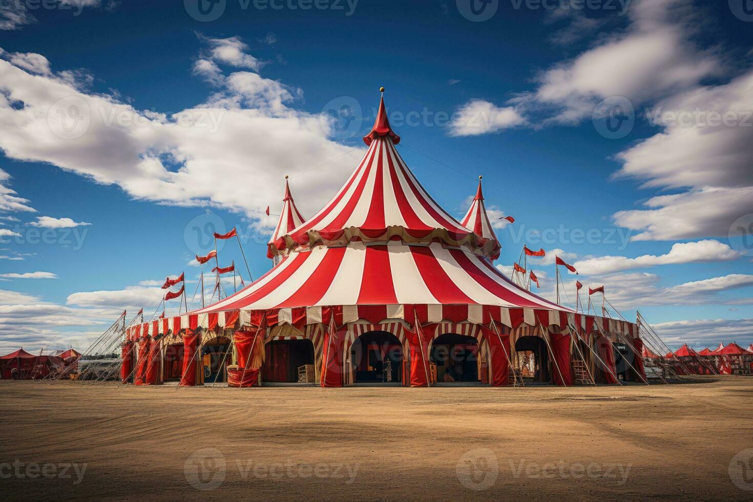 circus tent tegen de blauw lucht met wolken. circus poster, poster. wereld circus dag. gegenereerd door kunstmatig intelligentie- foto