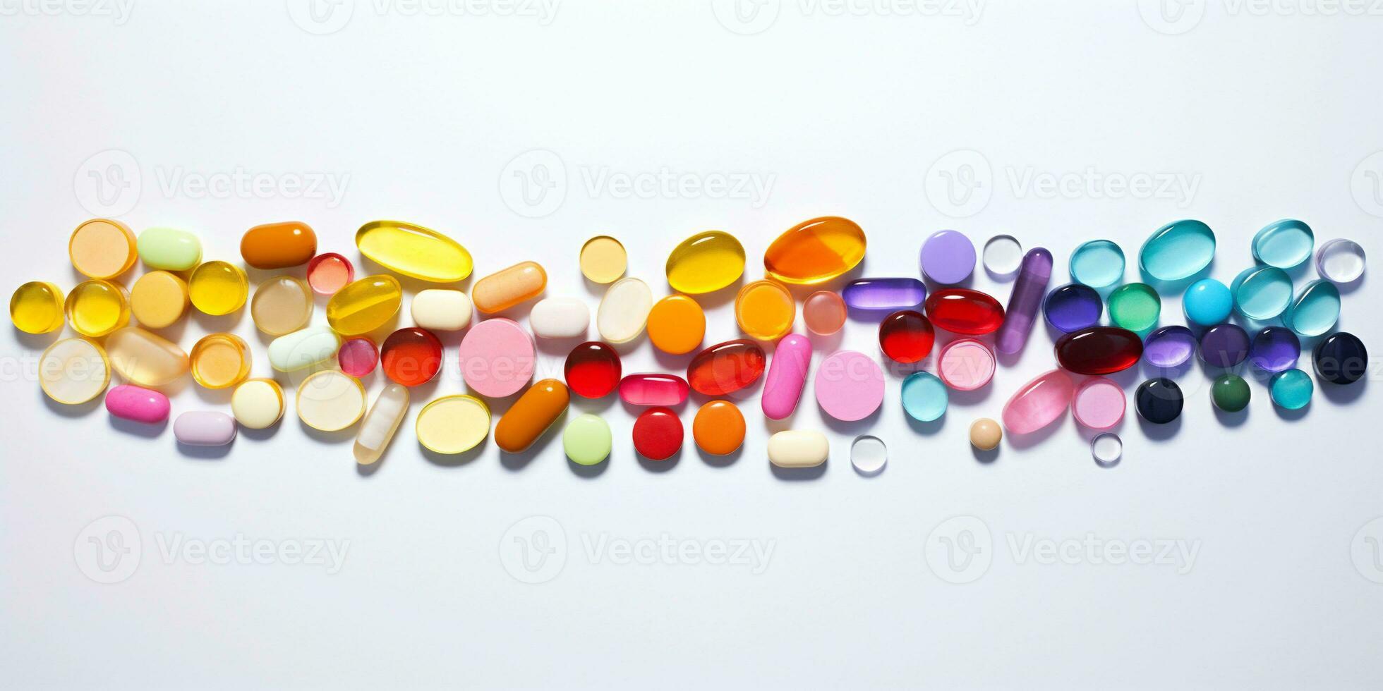 tablets en capsules in allemaal kleuren van de regenboog. banier voor farmaceutisch toevoegen foto