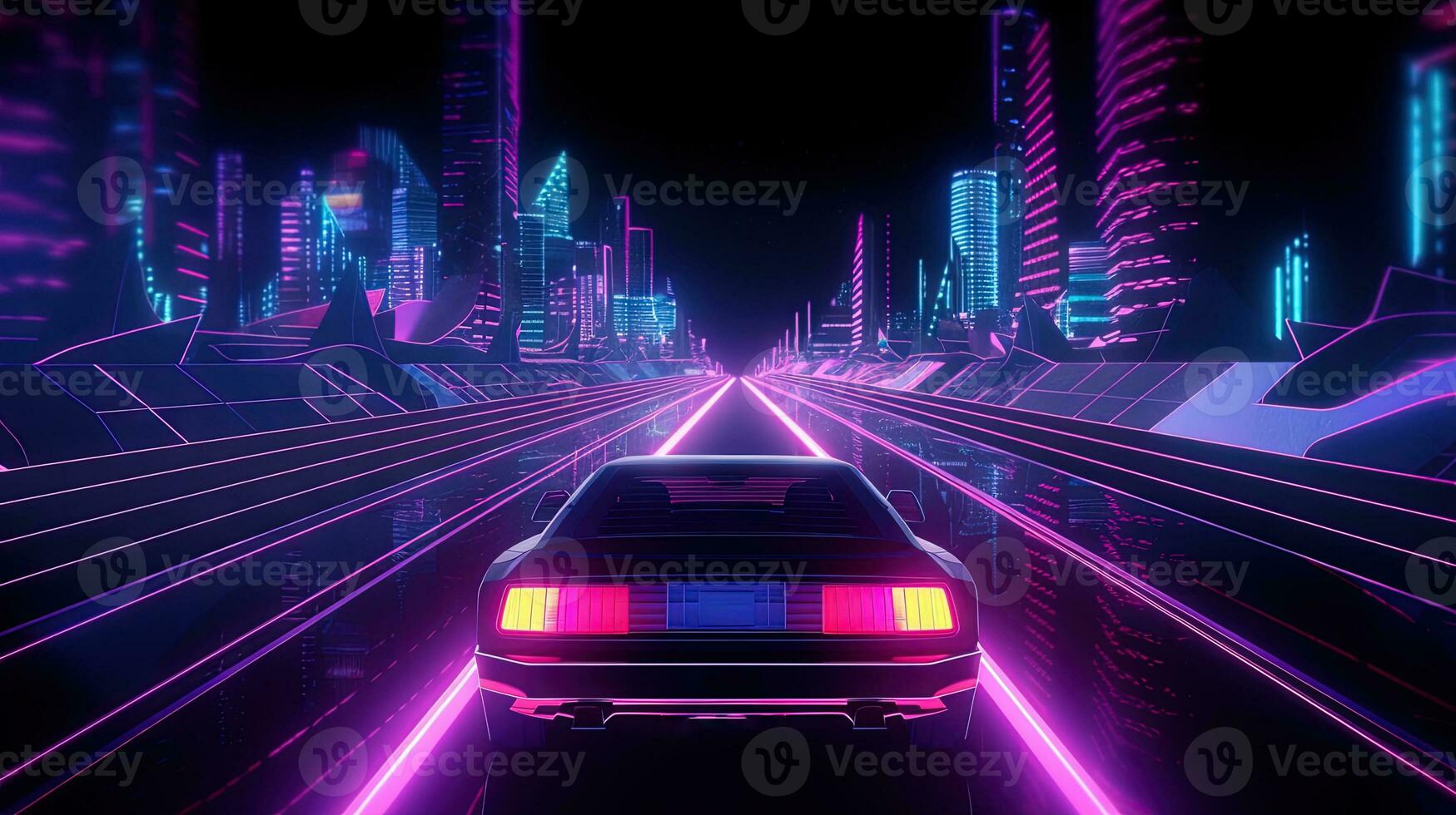 auto rijden Aan de neon weg in 80s retro synthwave stijl. gegenereerd ai. foto