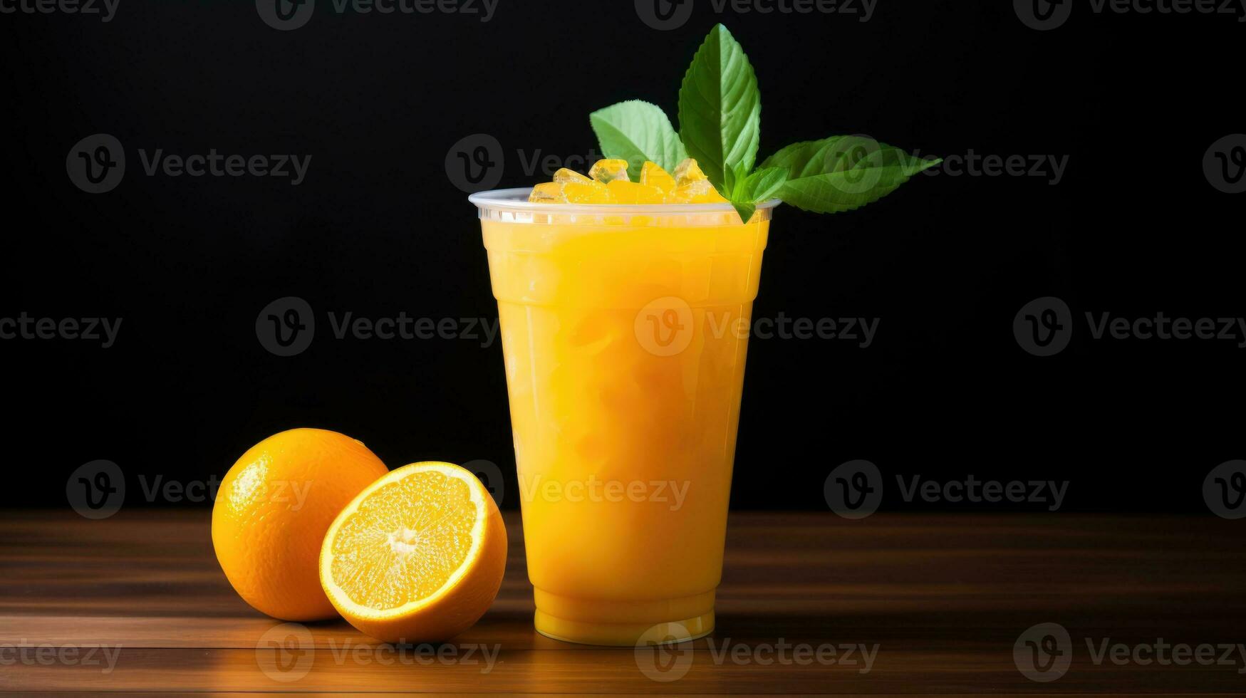 ai generatief oranje sap in beker. plastic kop van oranje drinken natuurlijk sap of smoothies. foto