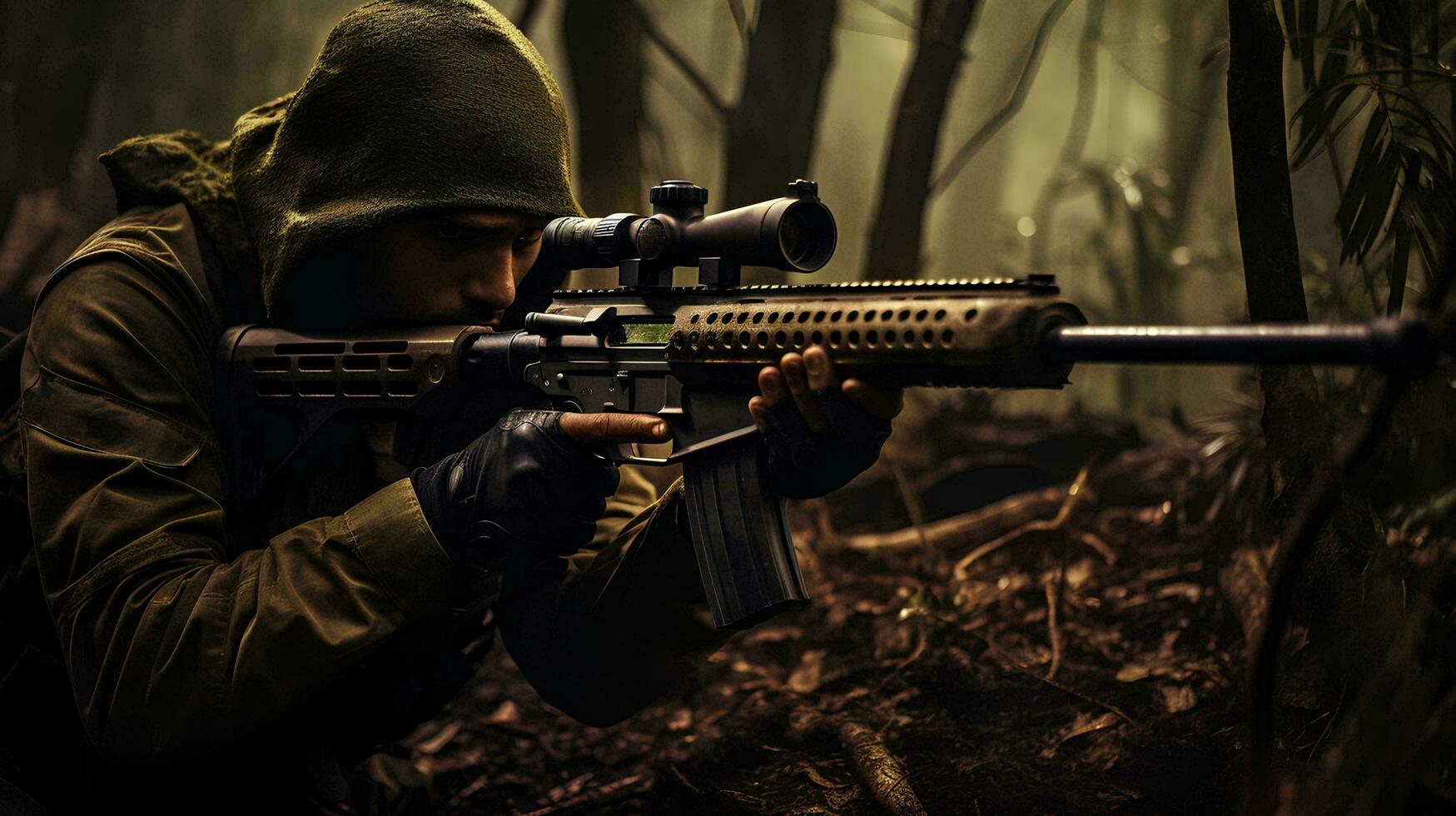 een Mens in een capuchon is het richten met een geweer- in de bossen, ai generatief foto