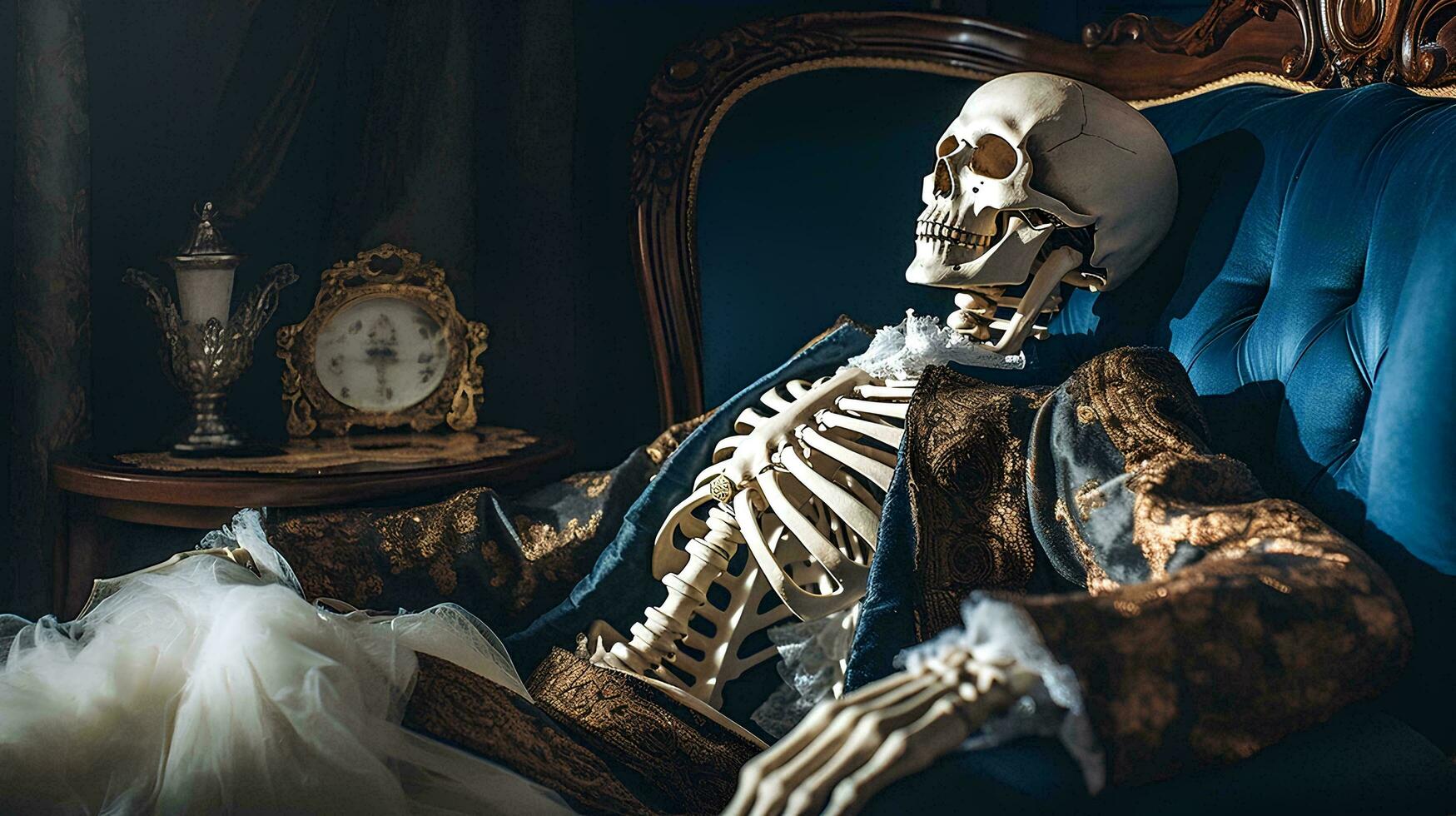menselijk skelet zittend Aan een sofa met een kop van koffie, ai generatief foto