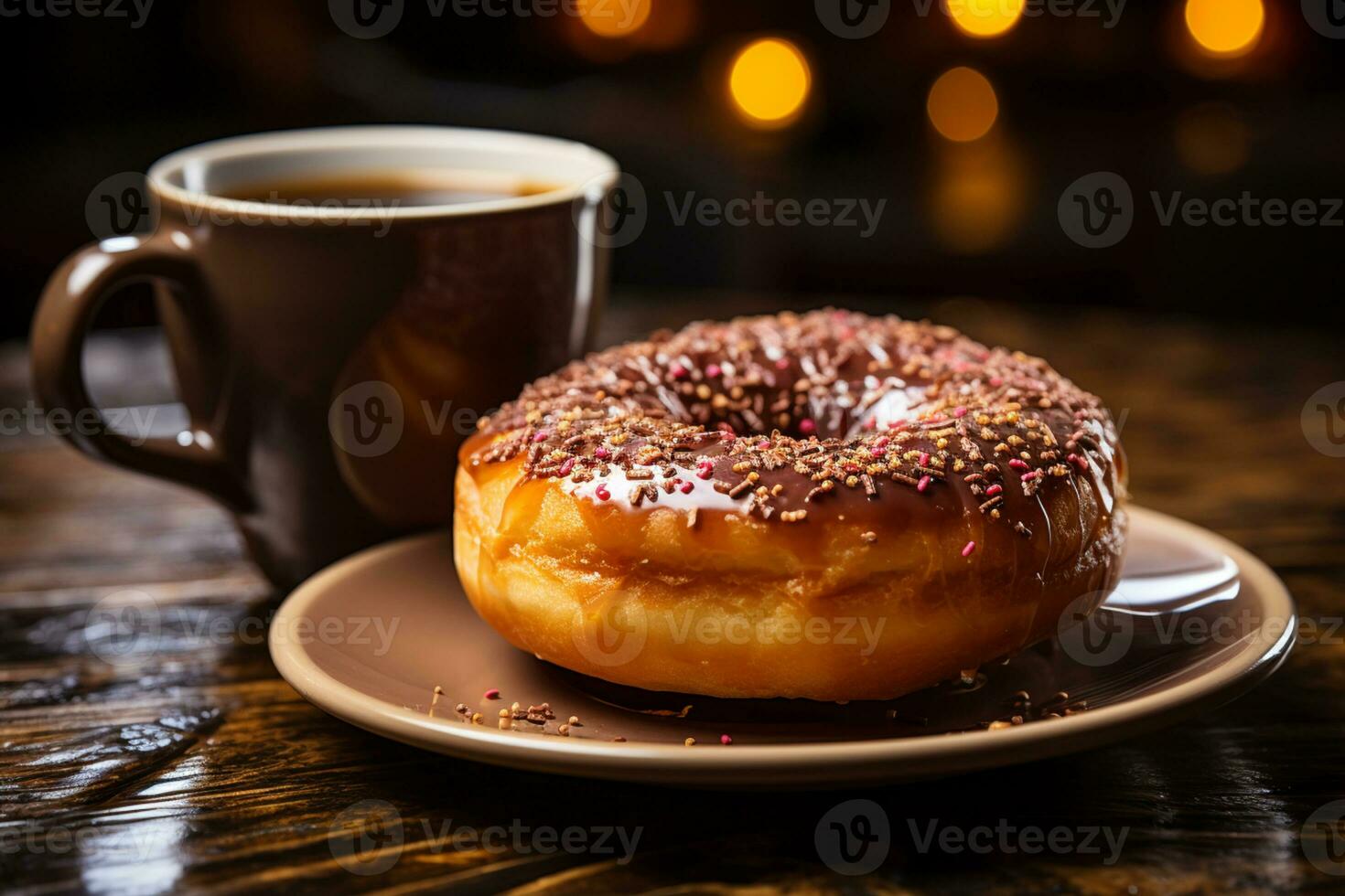 koffie met donut Aan een wazig cafe achtergrond ai gegenereerd foto