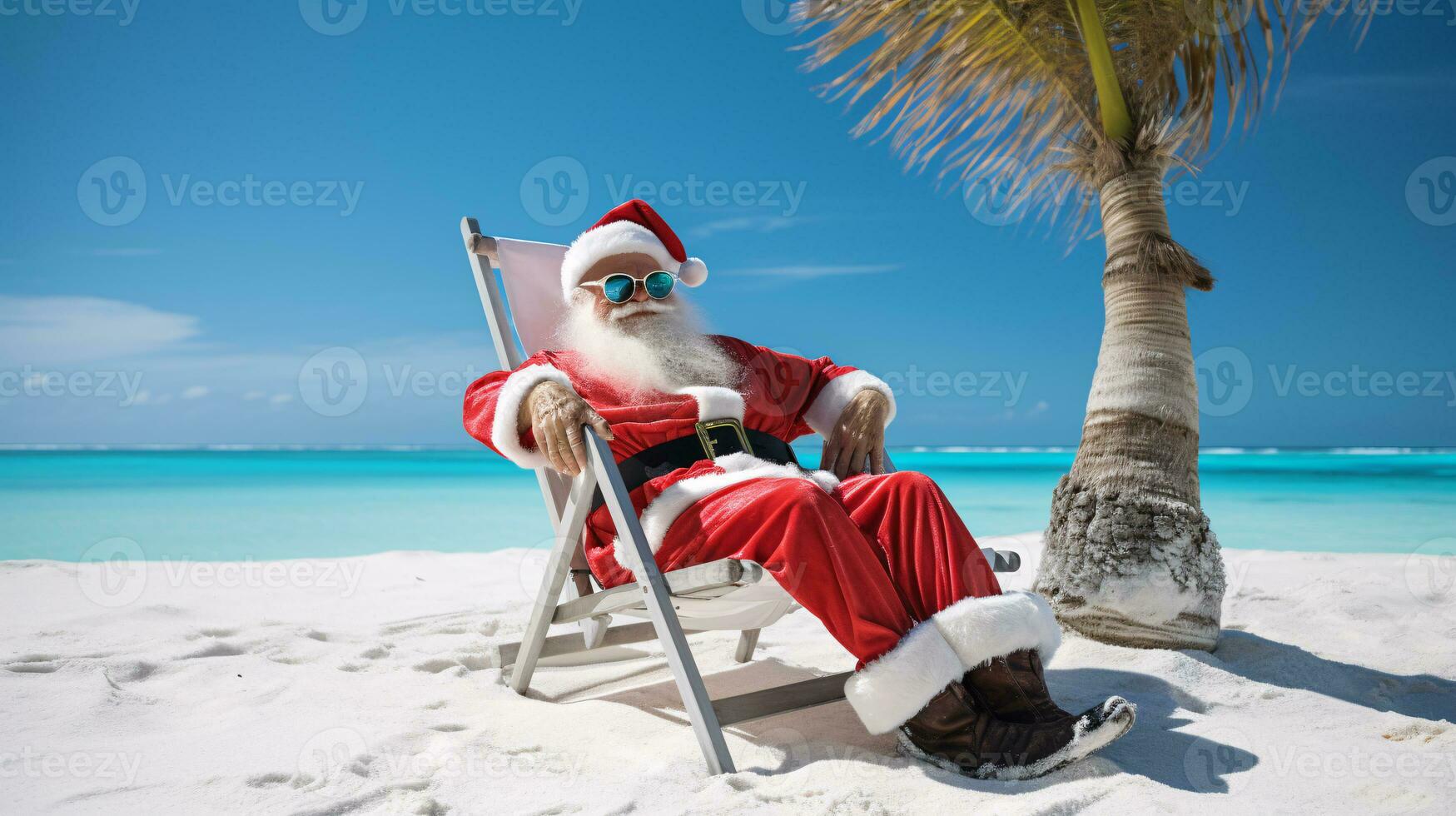 ai generatief de kerstman Aan vakantie ontspannende Aan een tropisch strand foto