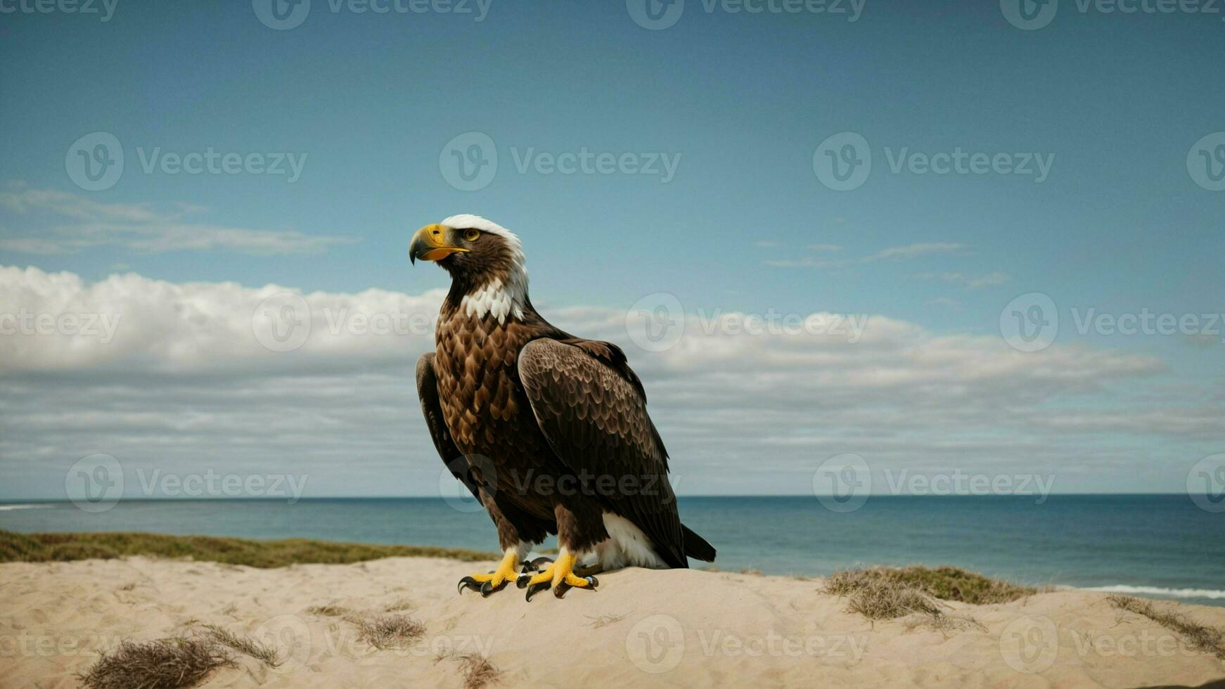 een mooi zomer dag met blauw lucht en een eenzaam stellers zee adelaar over- de strand ai generatief foto