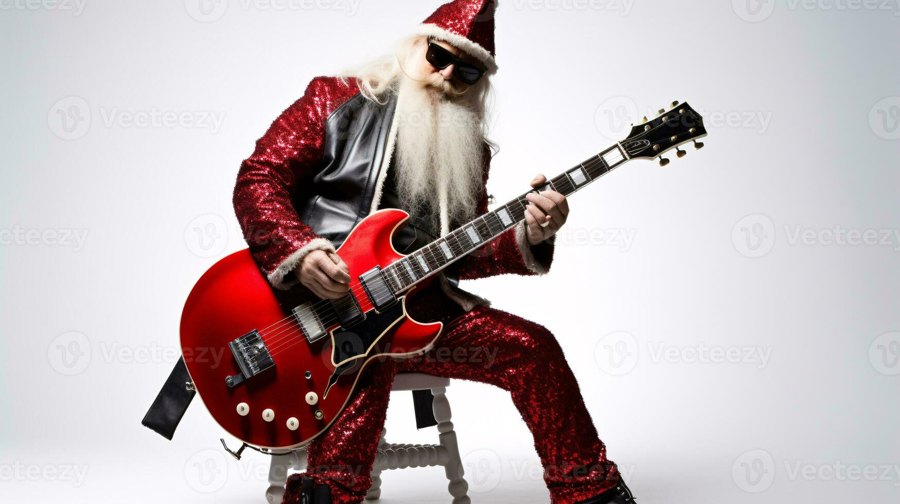 ai generatief koel hipster de kerstman Aan bas gitaar Bij partij met zonnebril foto
