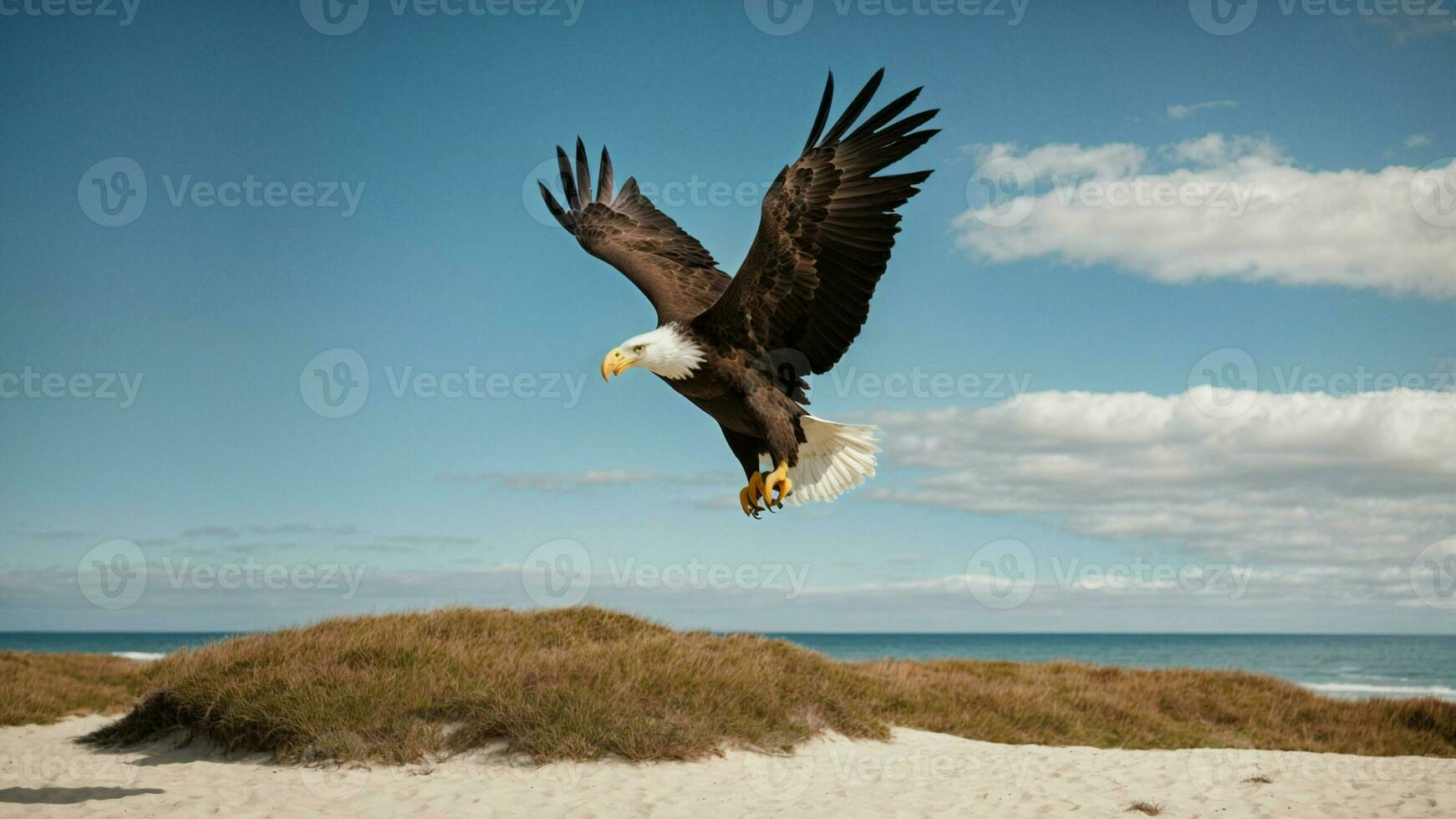 een mooi zomer dag met blauw lucht en een eenzaam stellers zee adelaar over- de strand ai generatief foto