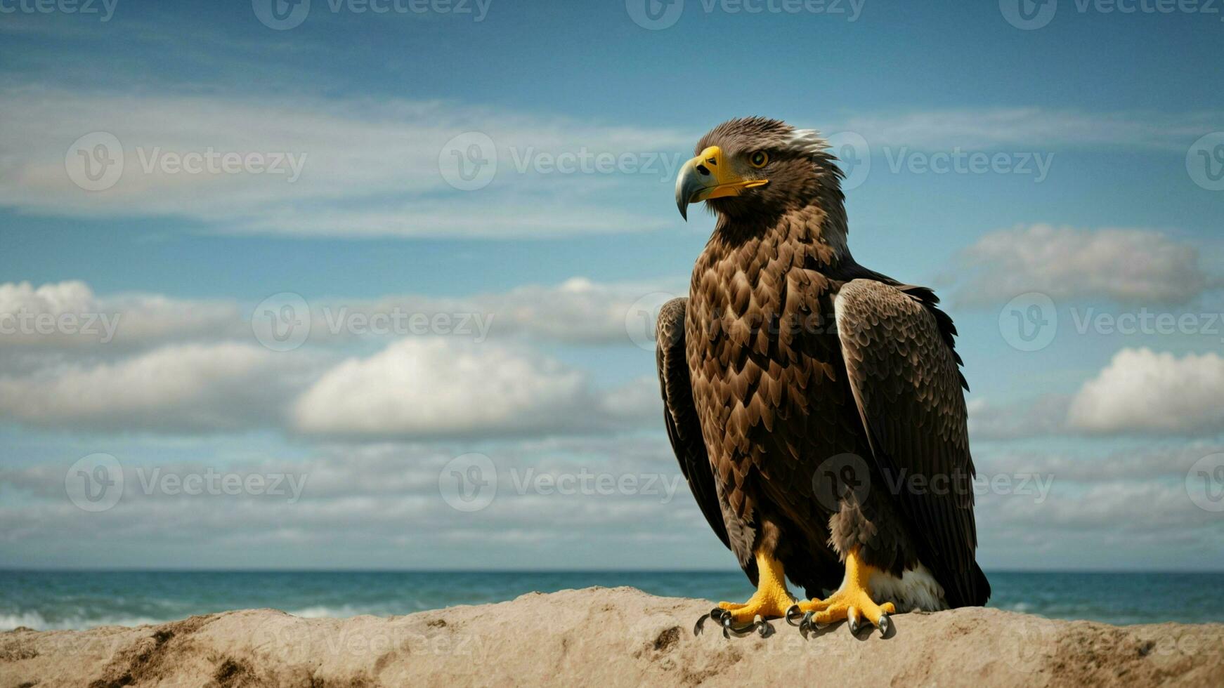 een mooi zomer dag met blauw lucht en een eenzaam stellers zee adelaar over- de strand ai generatief foto