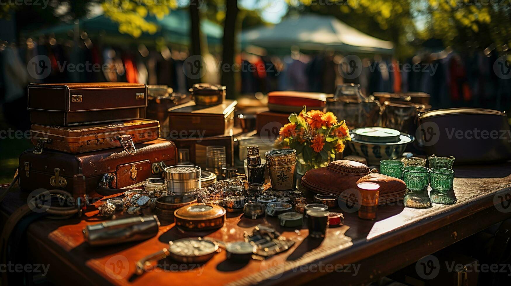 garage uitverkoop, wijnoogst en gebruikt goederen Aan Scherm Bij een middag vlo markt Aan de greensward - een schat jacht voor antiek en retro verzamelobjecten, ai generatief foto