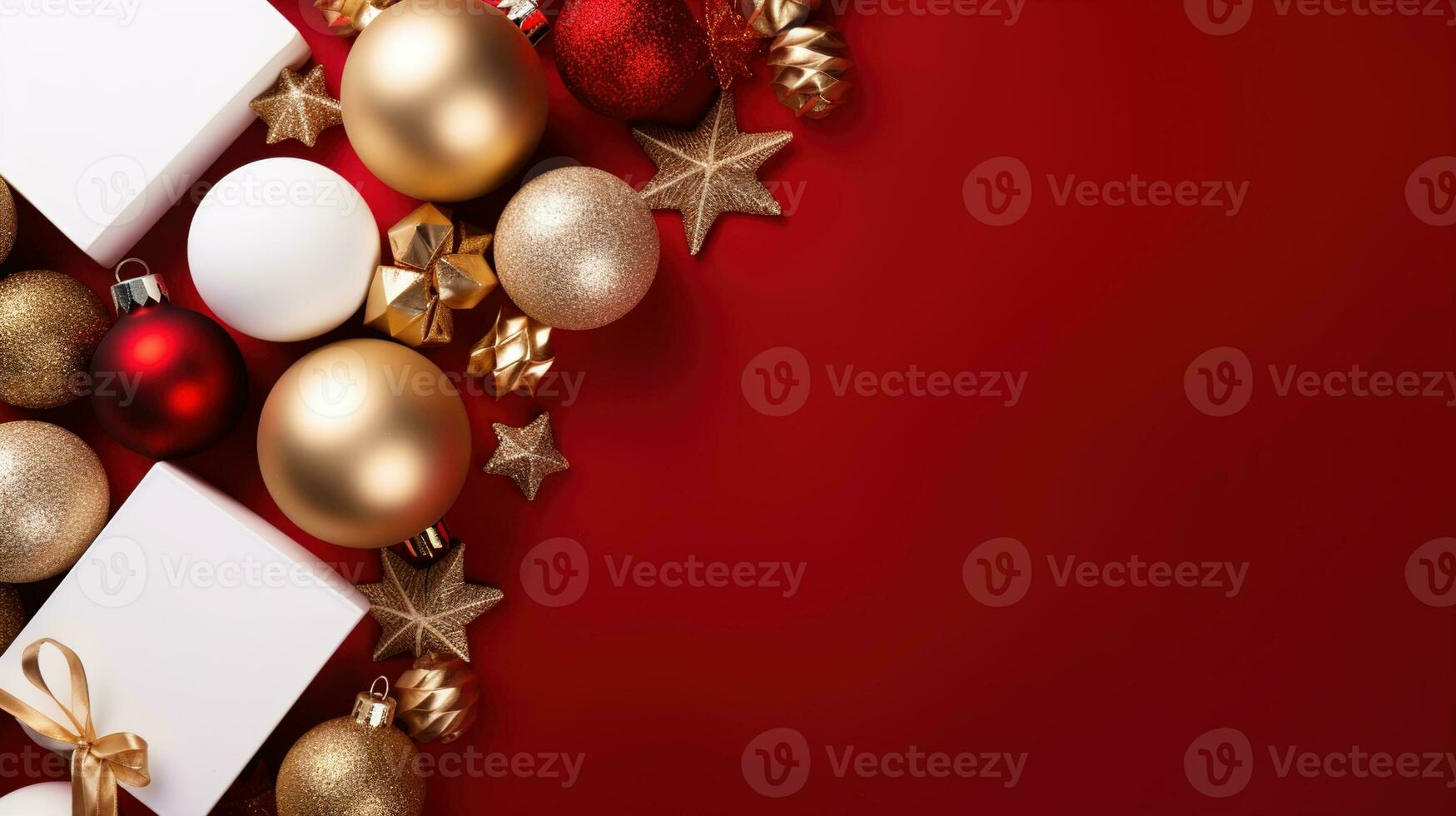 feestelijk vakantie vreugde, goud en wit Kerstmis vlak leggen kader met kopiëren ruimte, versierd met presenteert, pijnboom kegels, en Kerstmis ornamenten, Kerstmis achtergrond, ai generatief foto