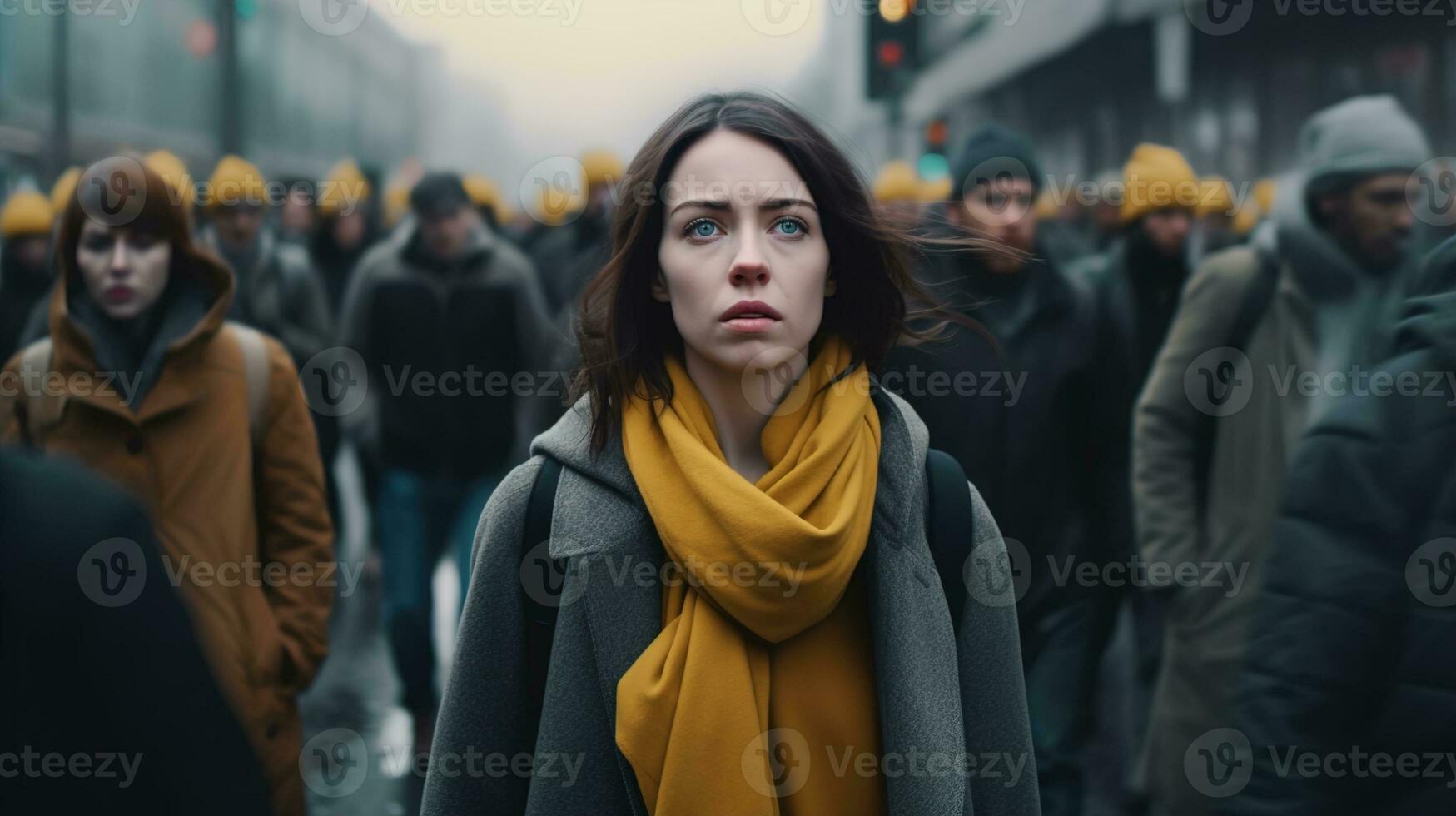 spanning en ongerustheid in stedelijk leven, jong vrouw in een staat van paniek Aan een bezig stad straat - markeren de belang van mentaal Gezondheid bewustzijn, ai generatief foto