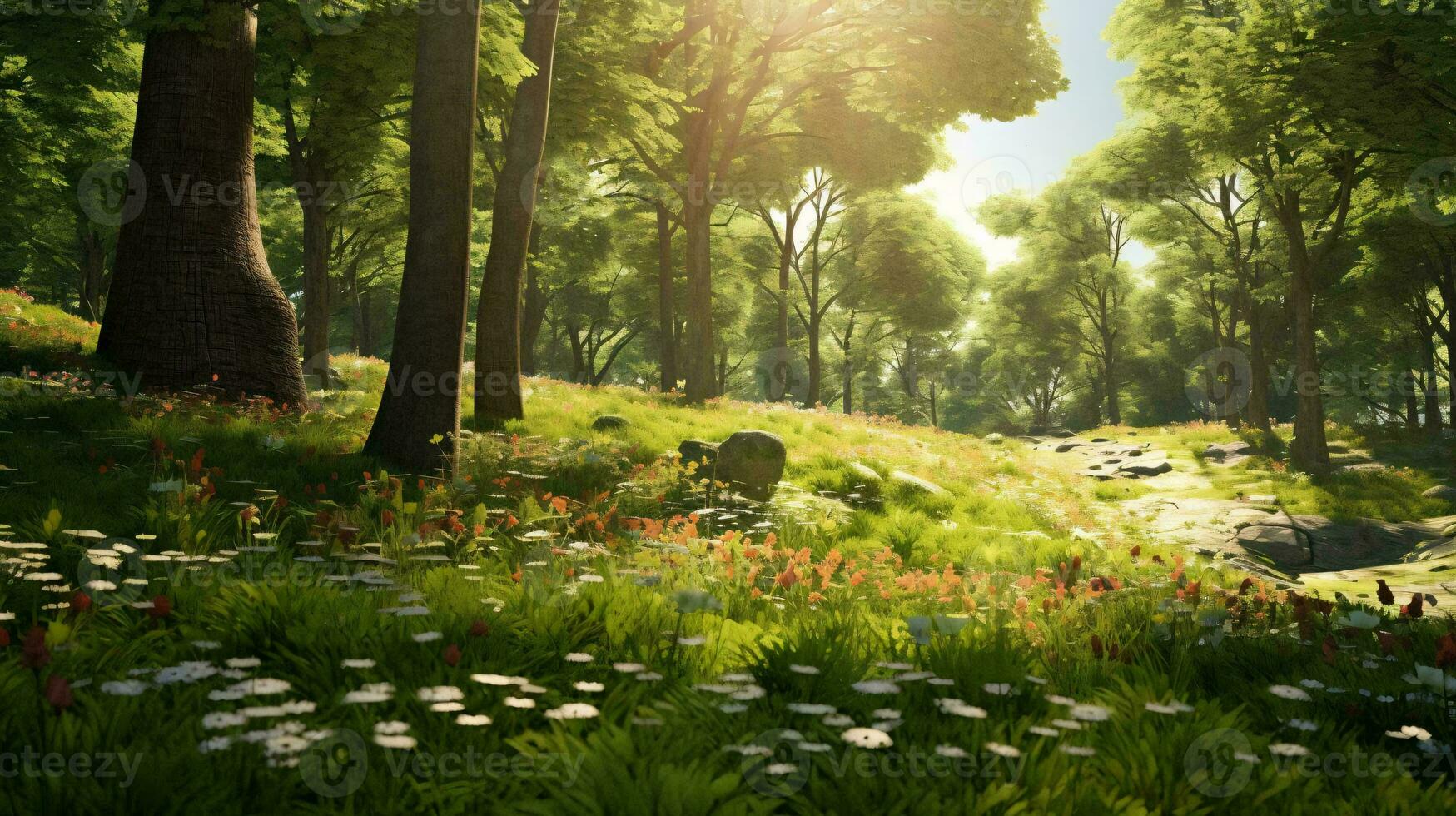 een veld- van bloemen met bomen in de achtergrond ai gegenereerd foto