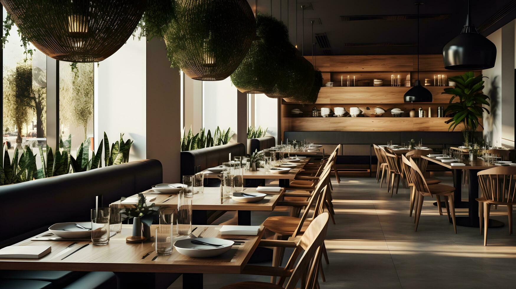 modern restaurant interieur met houten gemeenschappelijk tafel foto