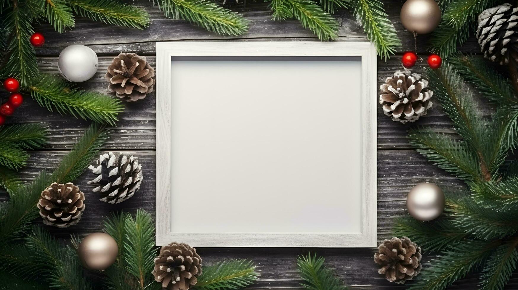 Kerstmis kader met pijnboom kegels, ornamenten Aan donker houten achtergrond foto
