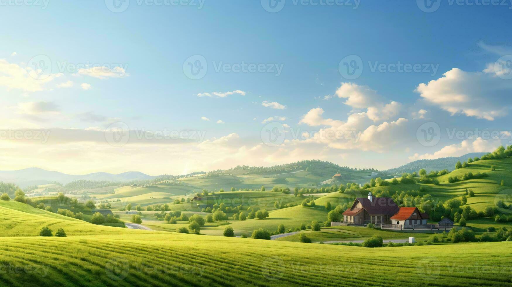 een huis in een groen veld- ai gegenereerd foto