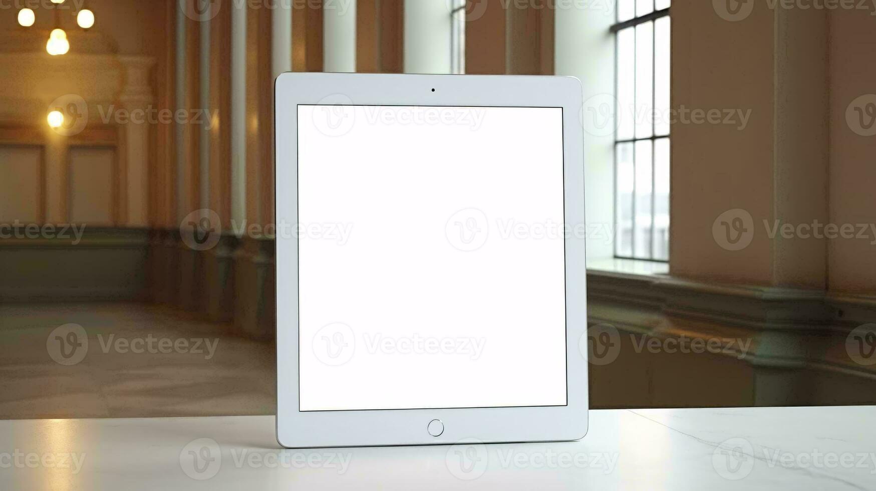 een wit tablet Aan een tafel ai gegenereerd foto