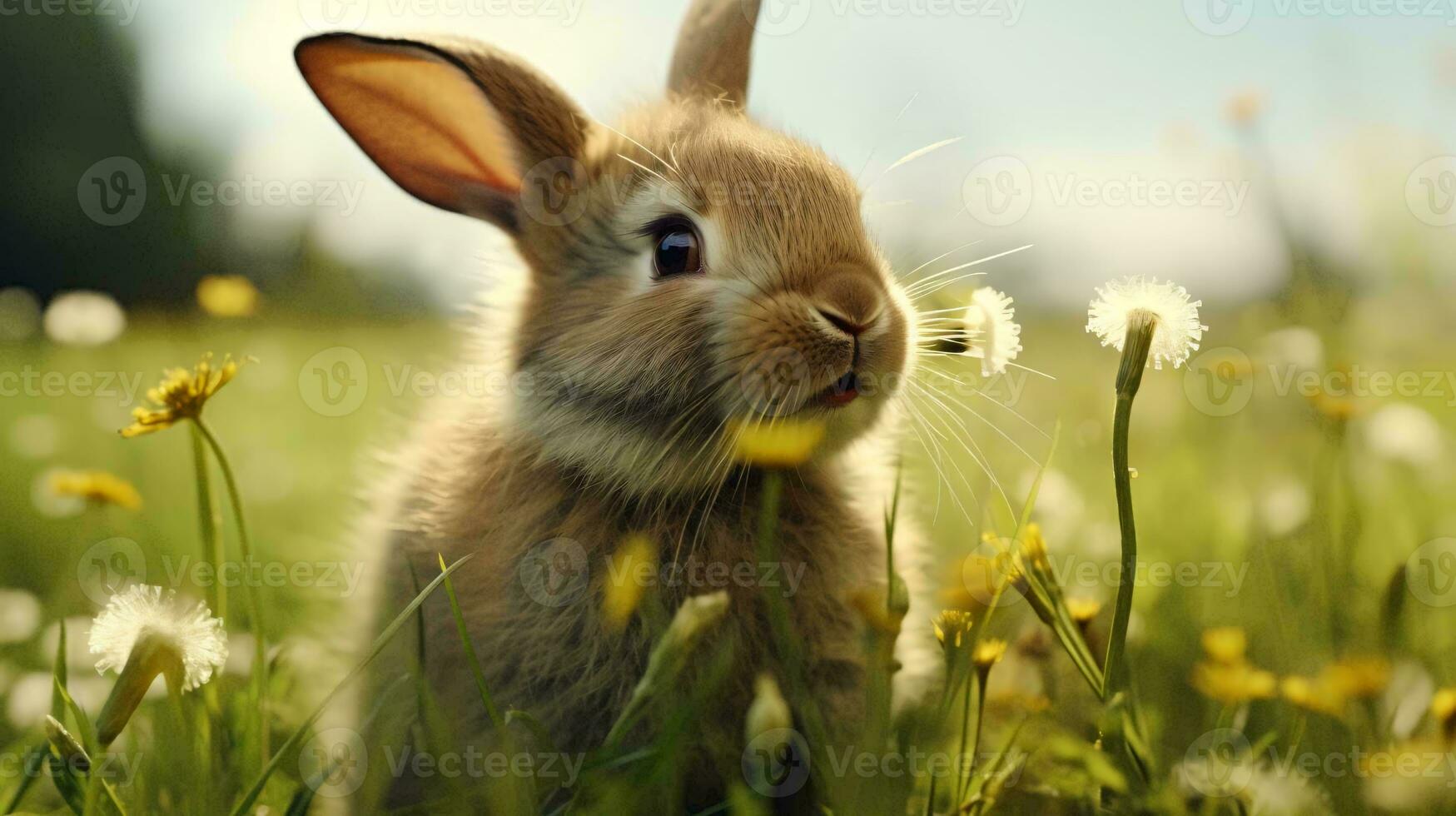 een konijn in een veld- van bloemen ai gegenereerd foto