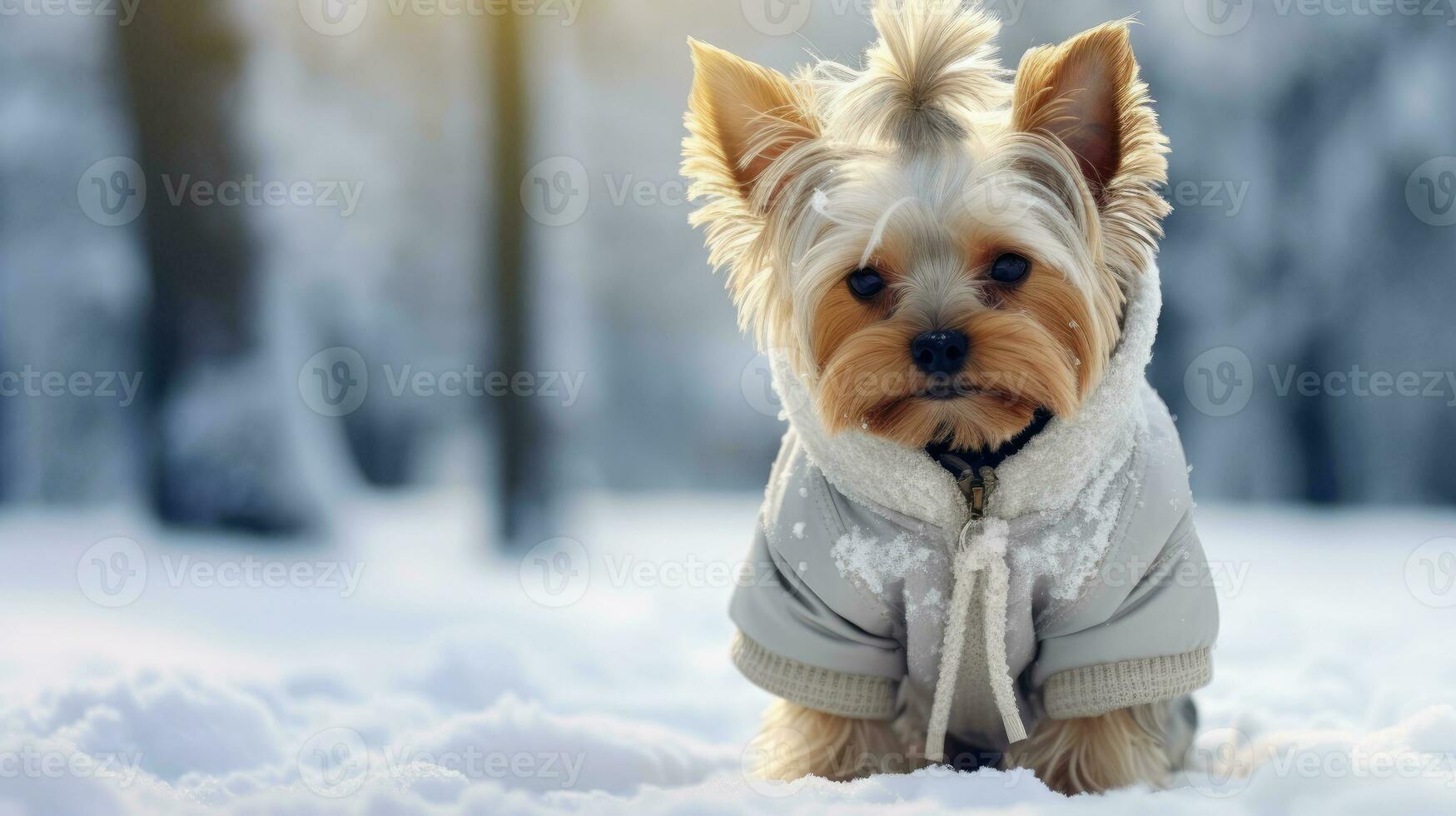 yorkshire terriër puppy winter wandelen in warm kleren. schattig weinig hond vervelend jasje. seizoensgebonden mode voor huisdieren ai gegenereerd foto