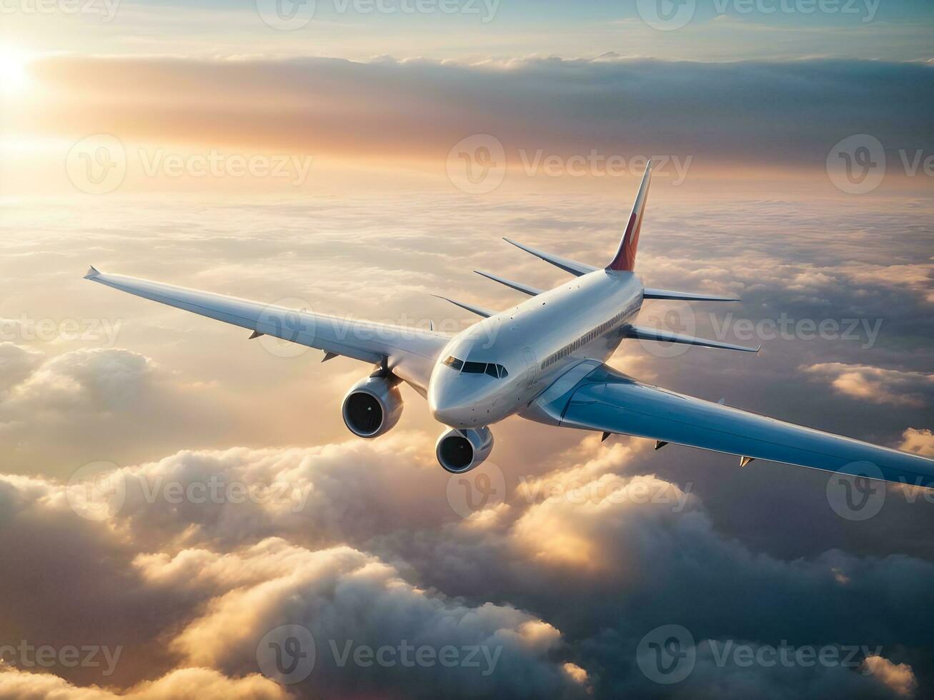 vliegtuig vliegend bovenstaand wolken Bij zonsondergang. reizen en vervoer concept. ai gegenereerd foto
