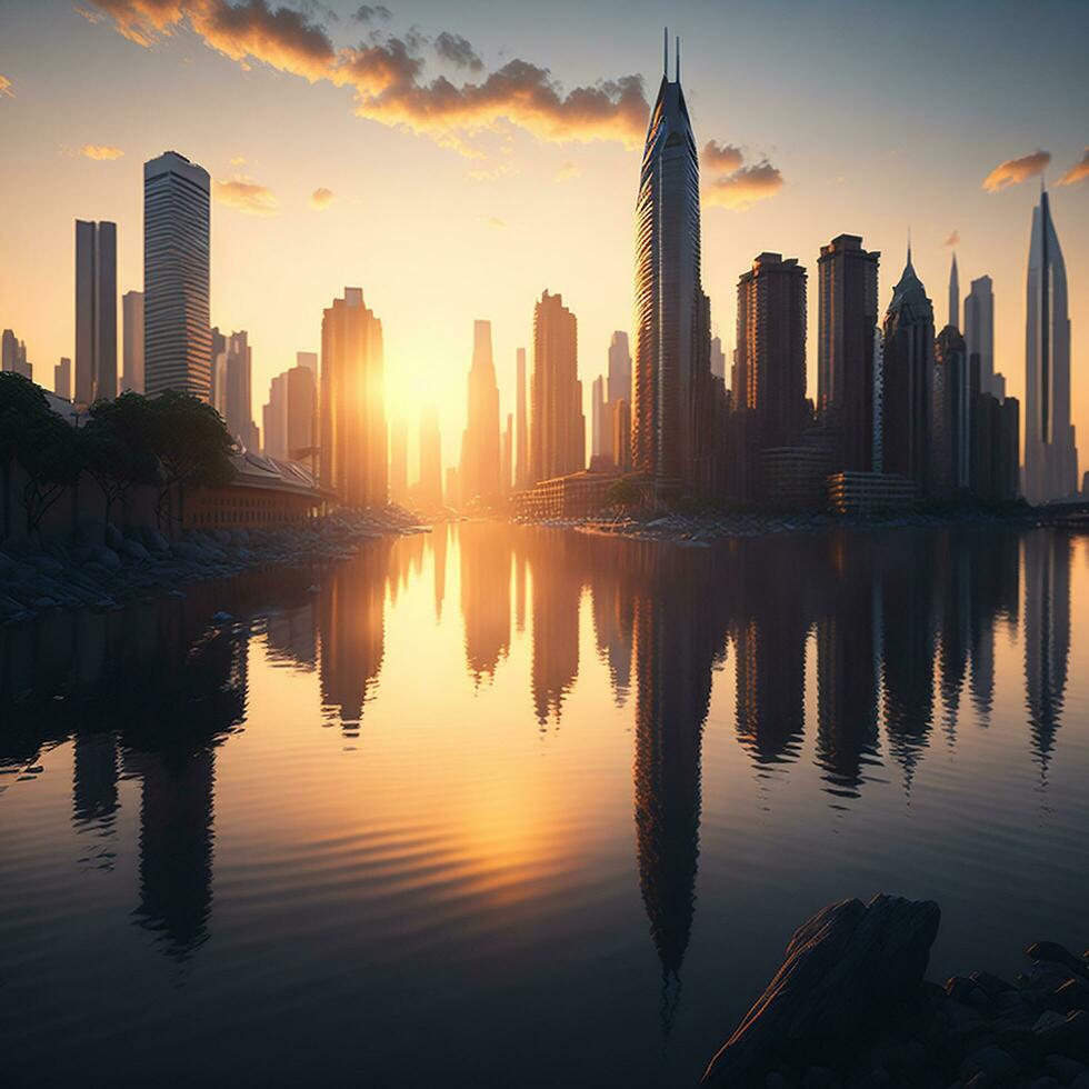 gebouw stad en zonsopkomst, rivier- en lucht achtergrond, ai gegenereerd foto