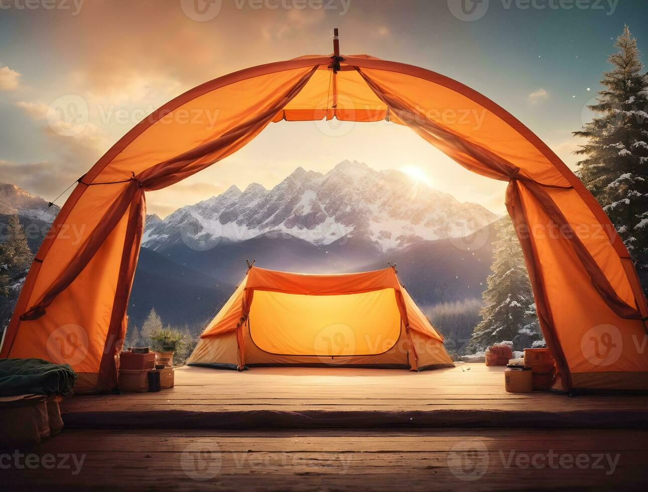 oranje tent in de bergen Bij zonsondergang. reizen en vakantie concept. ai gegenereerd foto