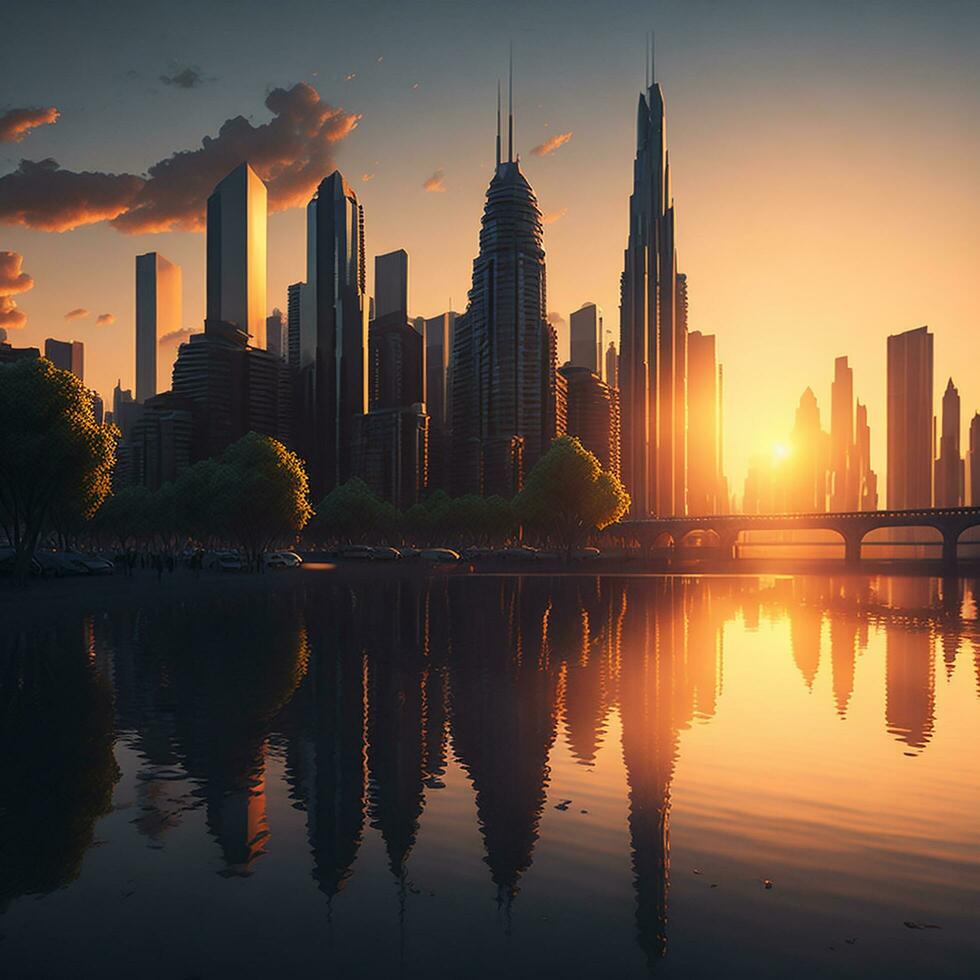 gebouw stad en zonsondergang, ai gegenereerd foto