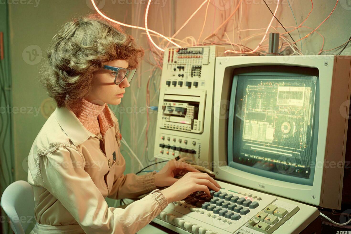 vrouw gebruik makend van wijnoogst computer. generatief ai foto