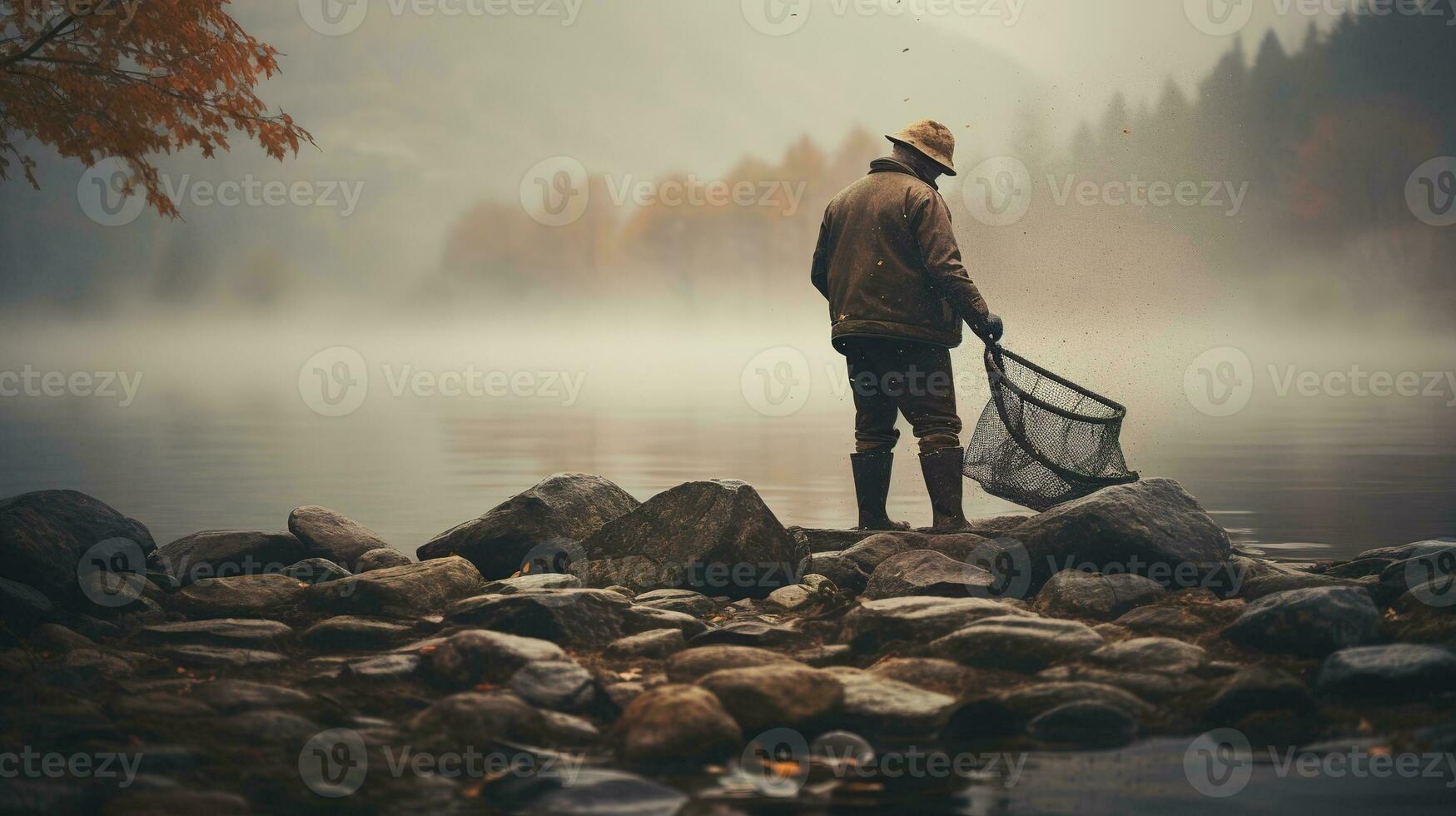 generatief ai, visvangst met staven Aan herfst landschap in de buurt de rivier, visser met draaien, gedempt kleuren foto