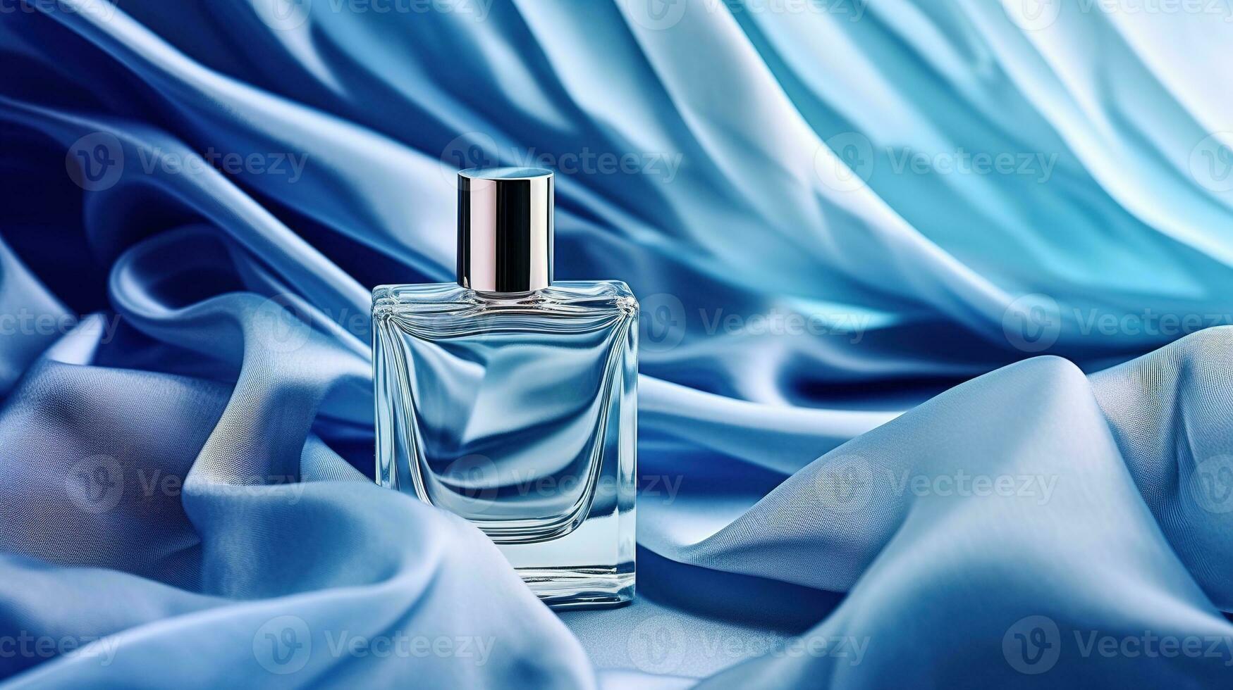 generatief ai, fles van parfum Aan een blauw zijde achtergrond. glas fles met blauw geur verpakking ontwerp bespotten omhoog foto
