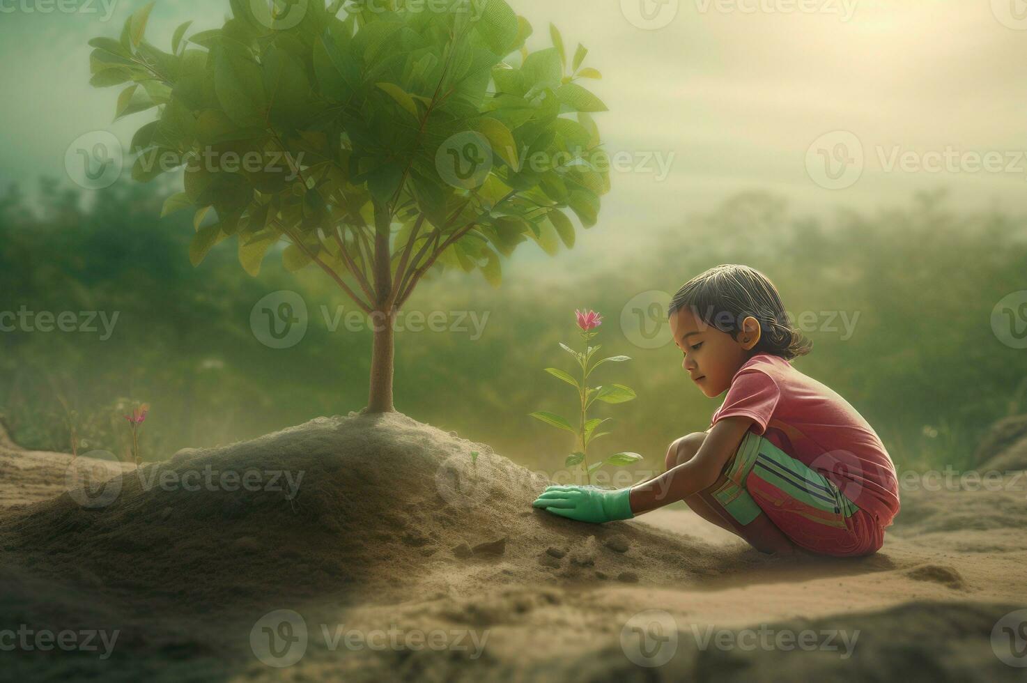kind aanplant klein boom buitenshuis. genereren ai foto