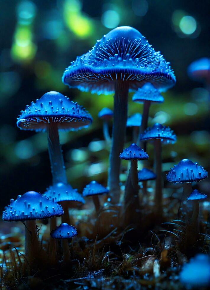 magisch fantasie onthullen de verborgen wereld van mysterieus neon licht champignons door macro fotografie. foto