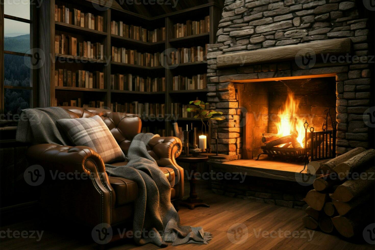 klassiek haard in een landelijk hoekje, met een fauteuil en boeken ai gegenereerd foto