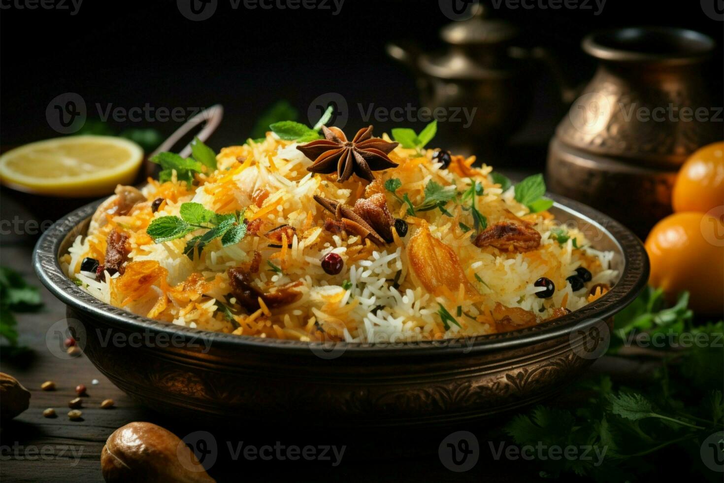 een verleidelijk bord van kip biryani en geurig gestoomd basmati rijst- ai gegenereerd foto