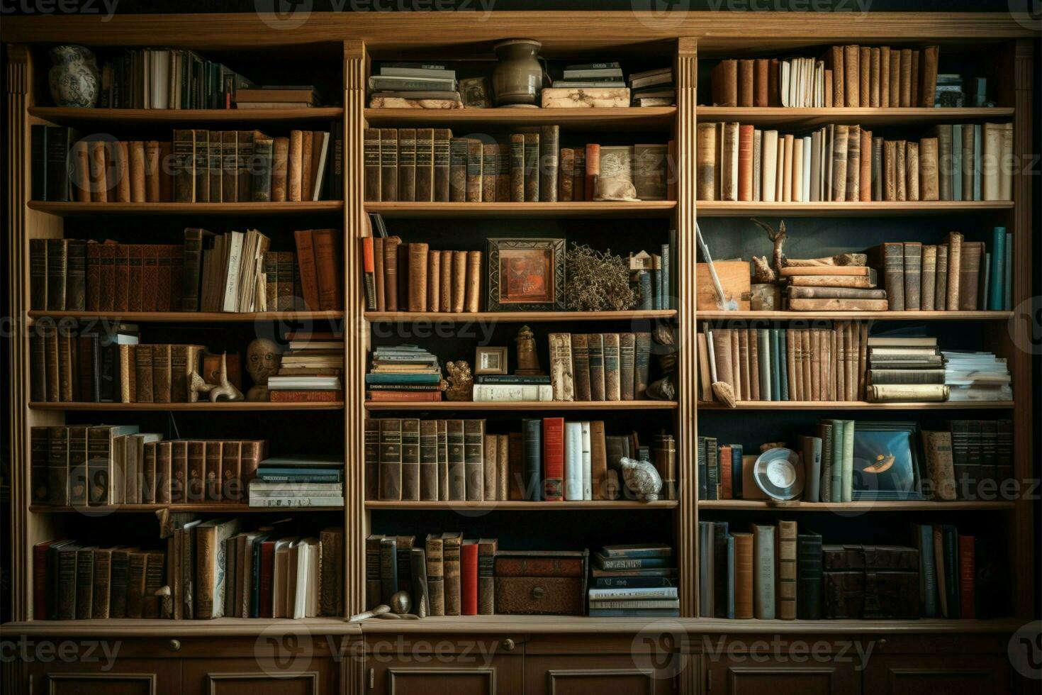 overvloedig oud fashioned boeken genade een groots houten bibliotheek boekenplank ai gegenereerd foto