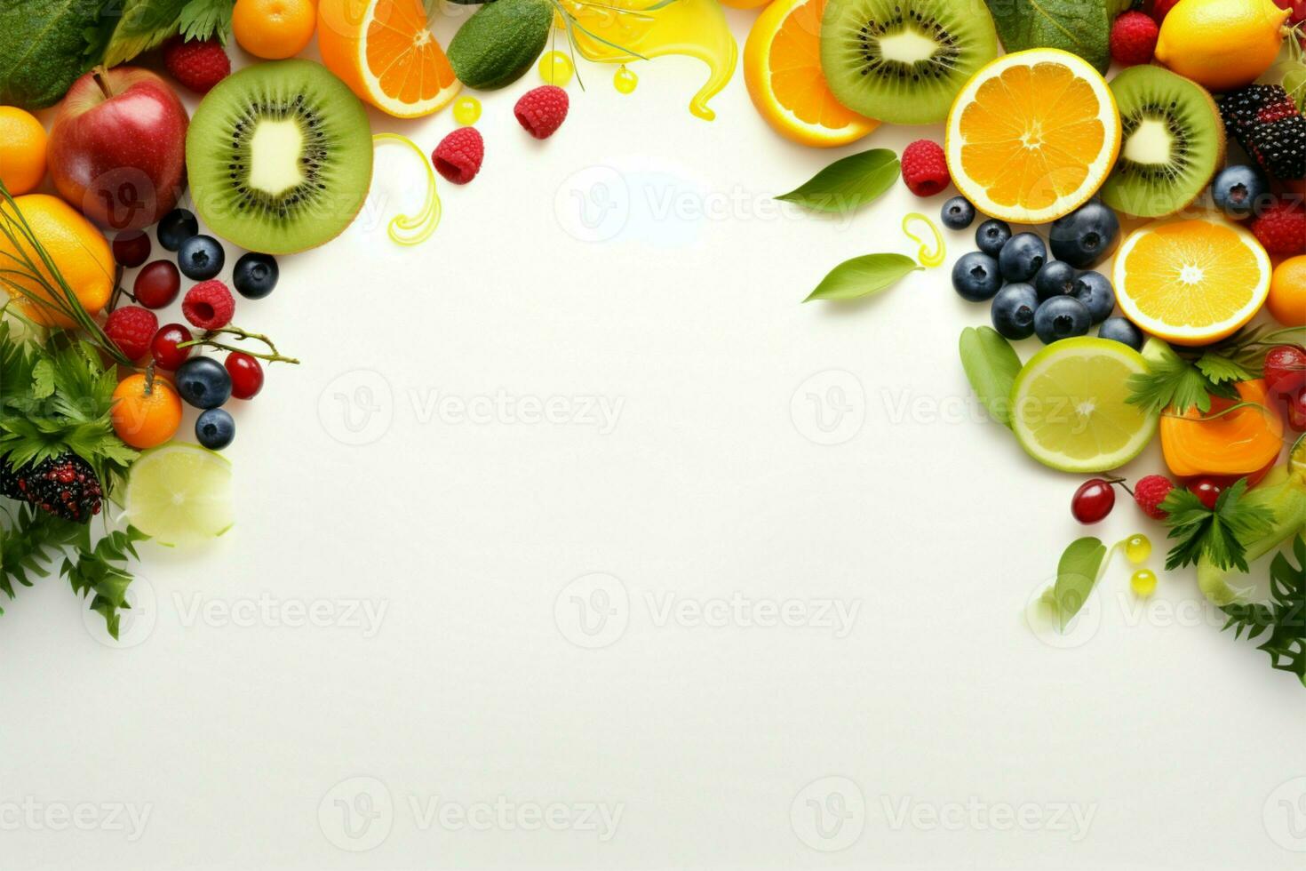 ais creatie fruit en groente kader Aan een levendig wit ai gegenereerd foto