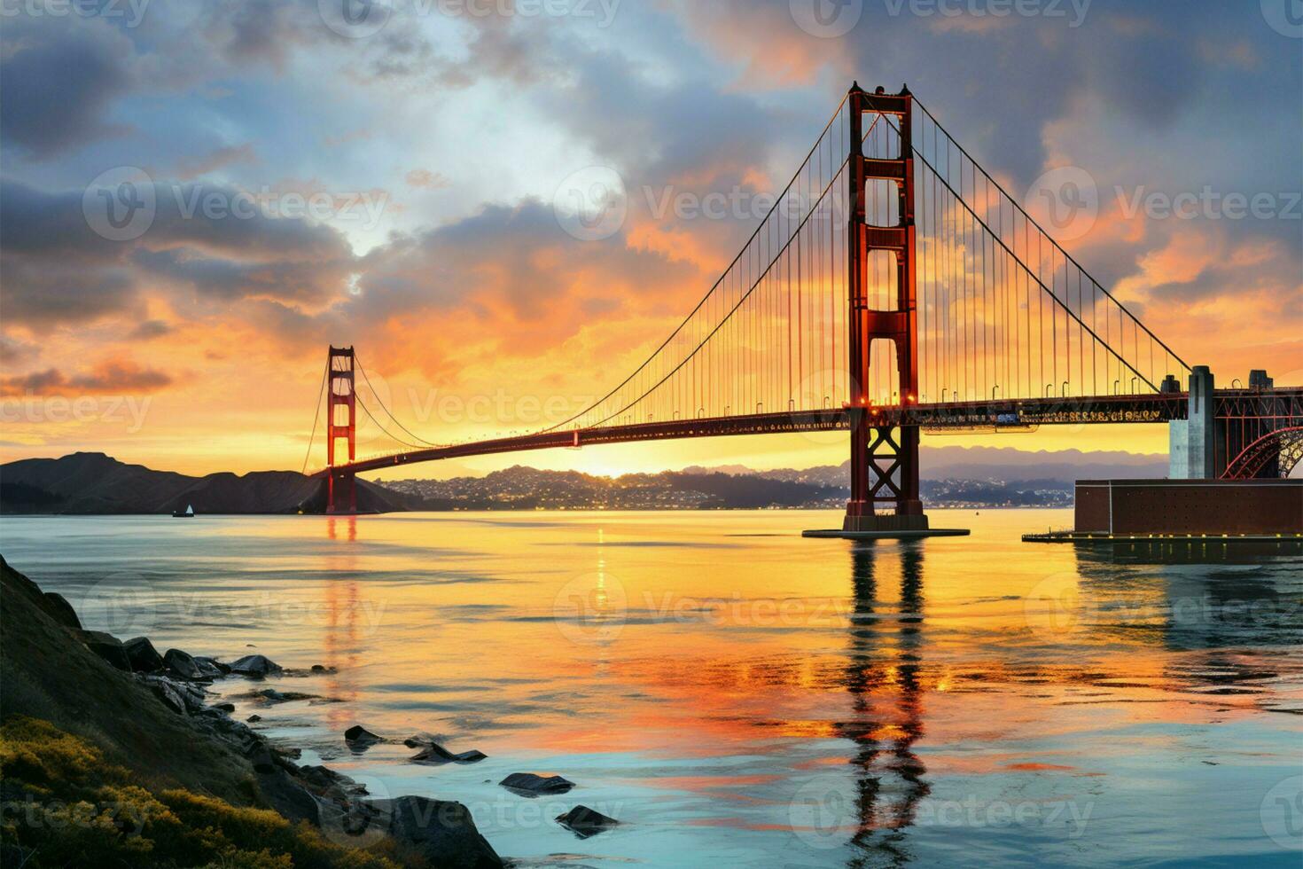 san Franciscus mijlpaal, de illuster gouden poort brug, geschilderd goud ai gegenereerd foto