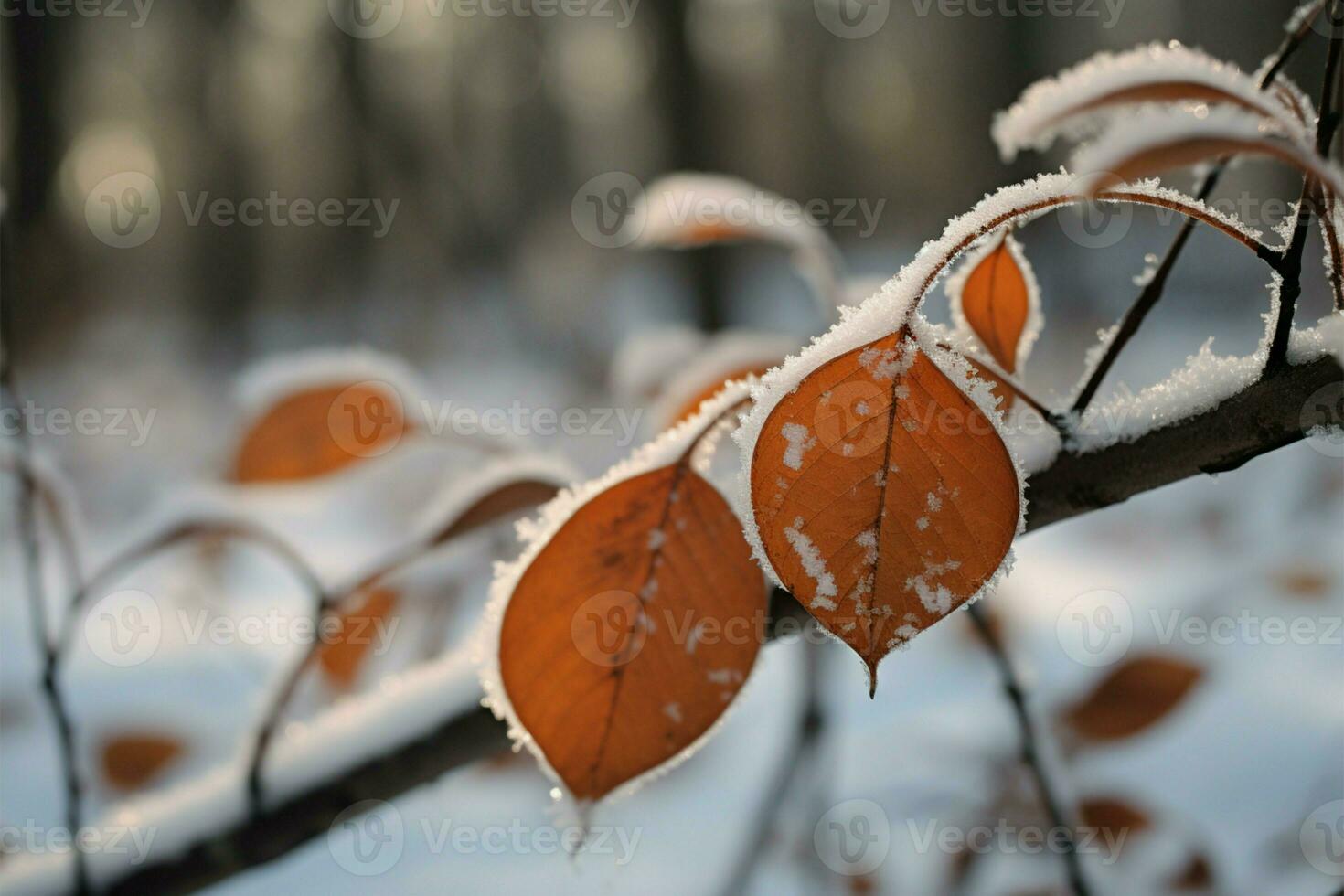 vorst gekust takken don herfst levendig kleuren in een besneeuwd bossen ai gegenereerd foto
