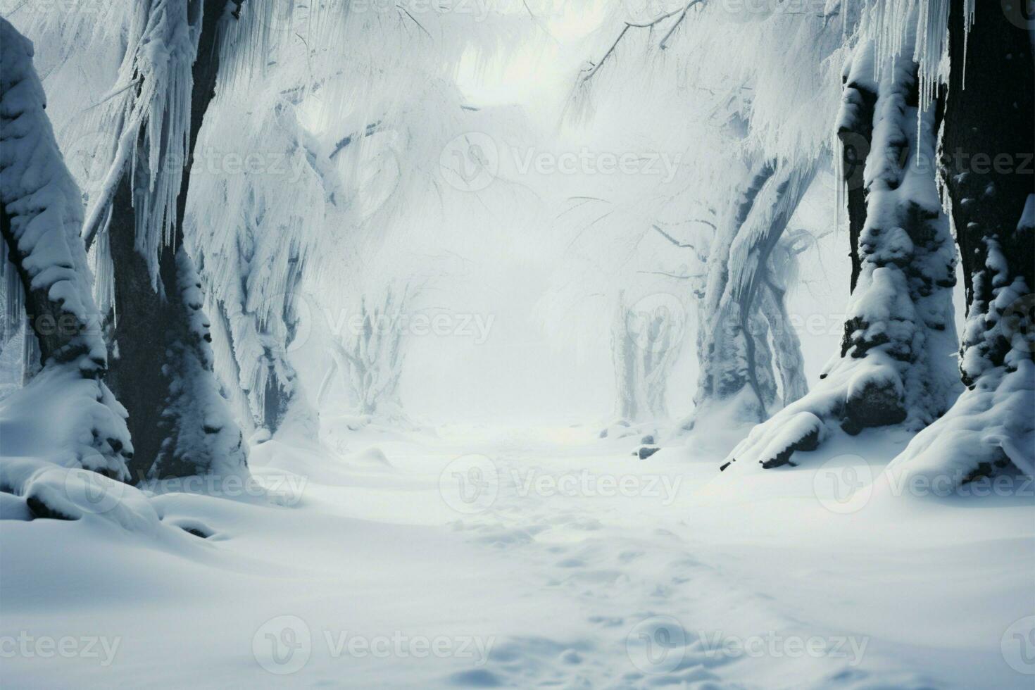 winters pad kronkelt door een oude sneeuw gedrapeerd Woud van silhouetten ai gegenereerd foto