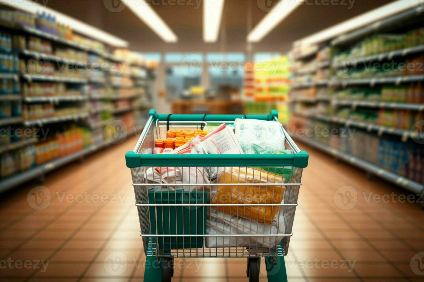 kleinhandel behandeling supermarkt interieur met een betrouwbaar boodschappen doen kar ai gegenereerd foto