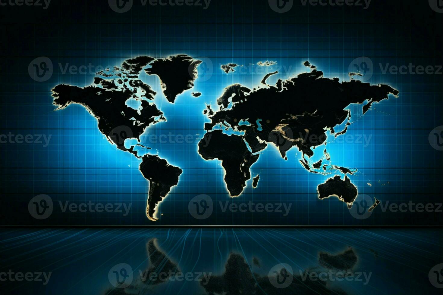 globaal visie LED lit blauw muur met een abstract wereld kaart ai gegenereerd foto