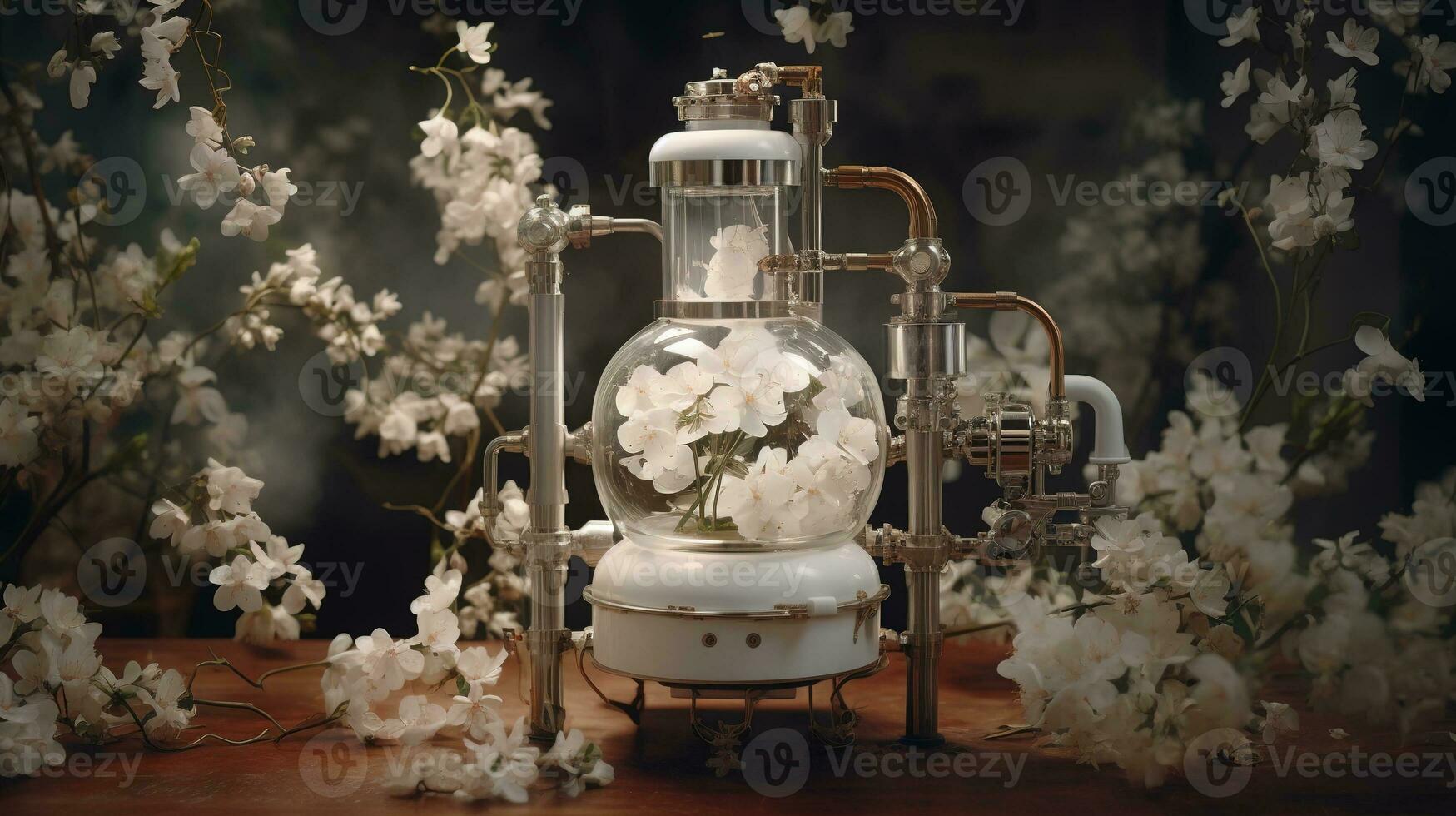 generatief ai, essentieel olie extractie met distilleerderij machine met jasmijn wit bloemen foto