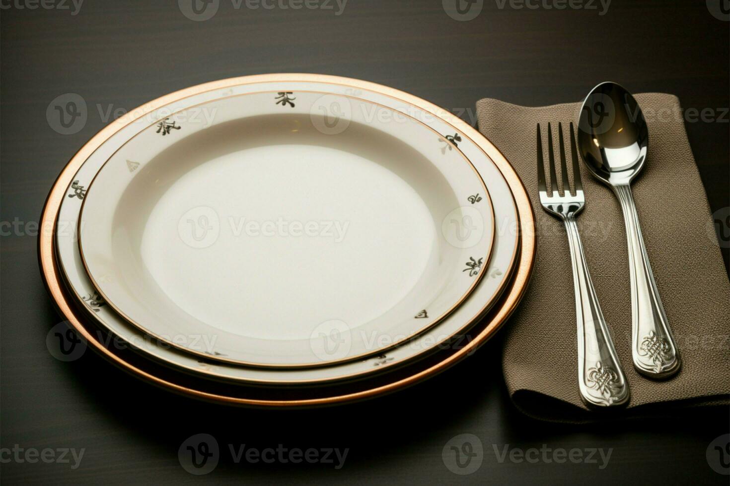 een bord verstoken van voedsel, reeks met een glimmend mes, vork, en lepel ai gegenereerd foto