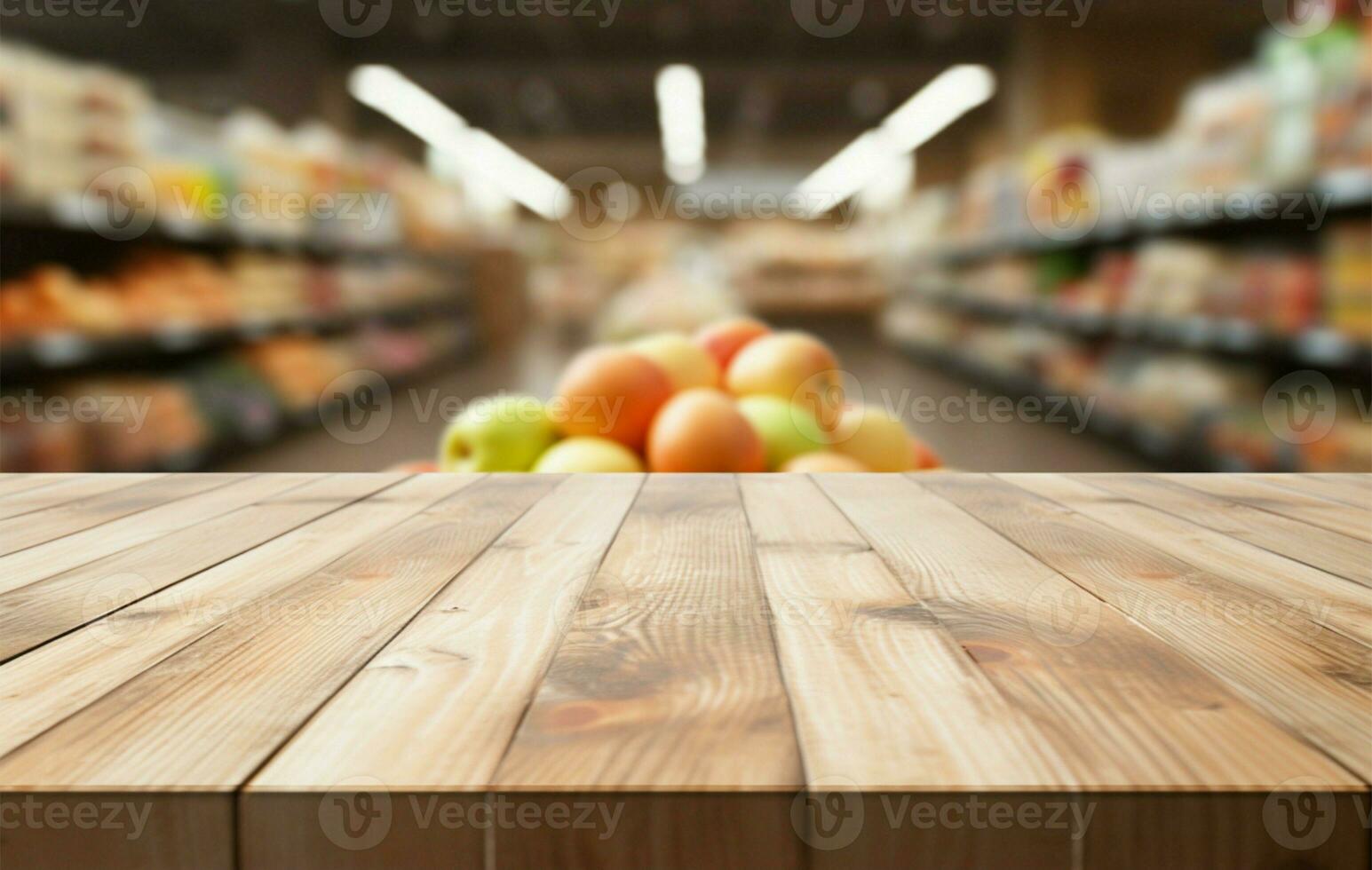 supermarkt bokeh achter hout tafelblad, perfect voor Product Scherm presentaties ai gegenereerd foto