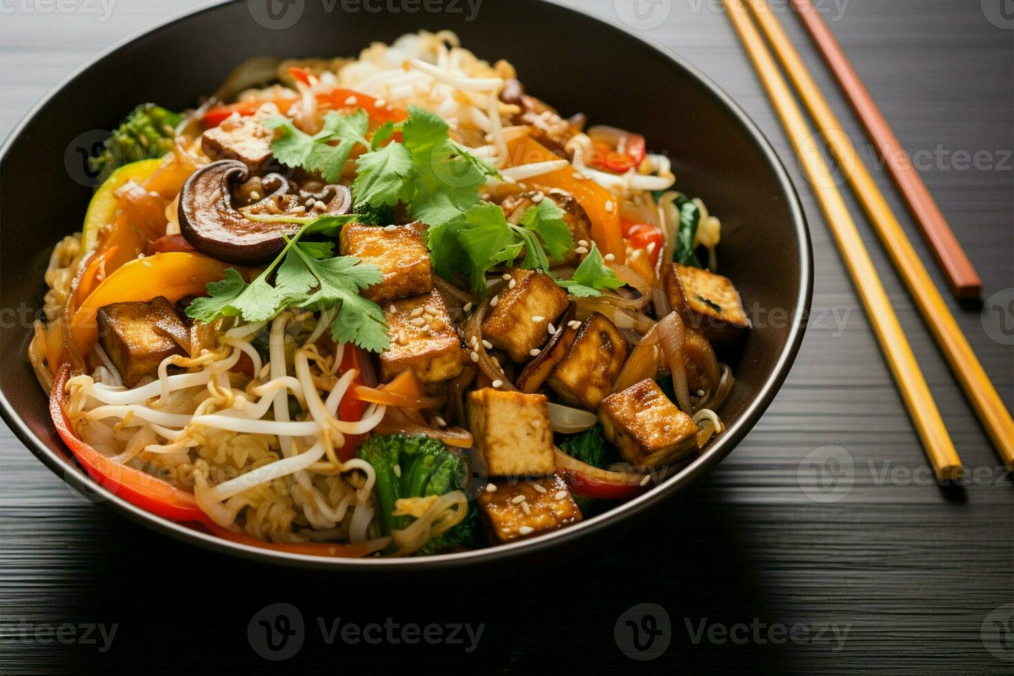 tofu en vegetarisch roeren bakken over- noedels, een verrukkelijk, evenwichtig genot ai gegenereerd foto