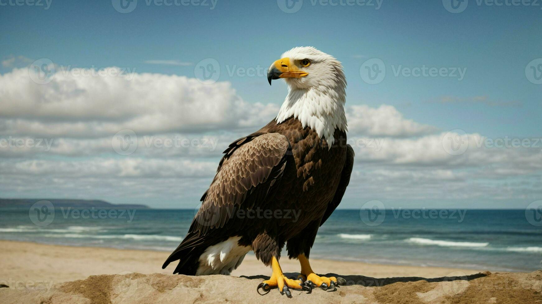 een mooi zomer dag met blauw lucht en een eenzaam stellers zee adelaar over- de strand ai generatief foto