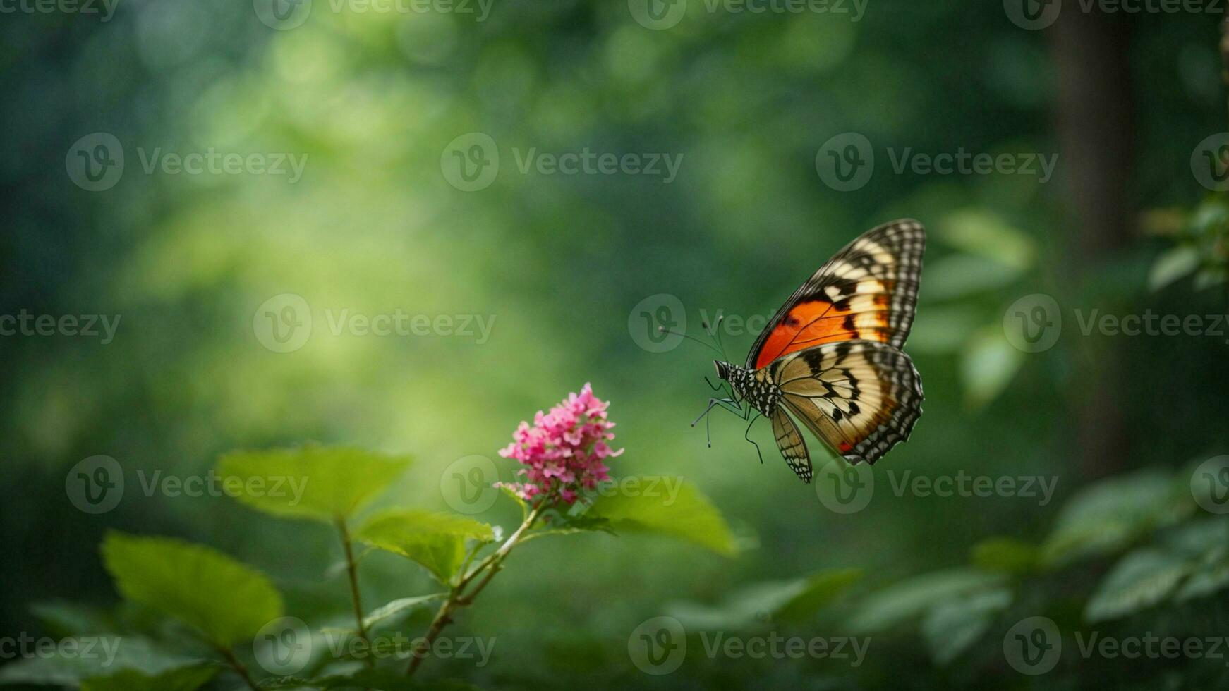 natuur achtergrond met een mooi vliegend vlinder met groen Woud ai generatief foto